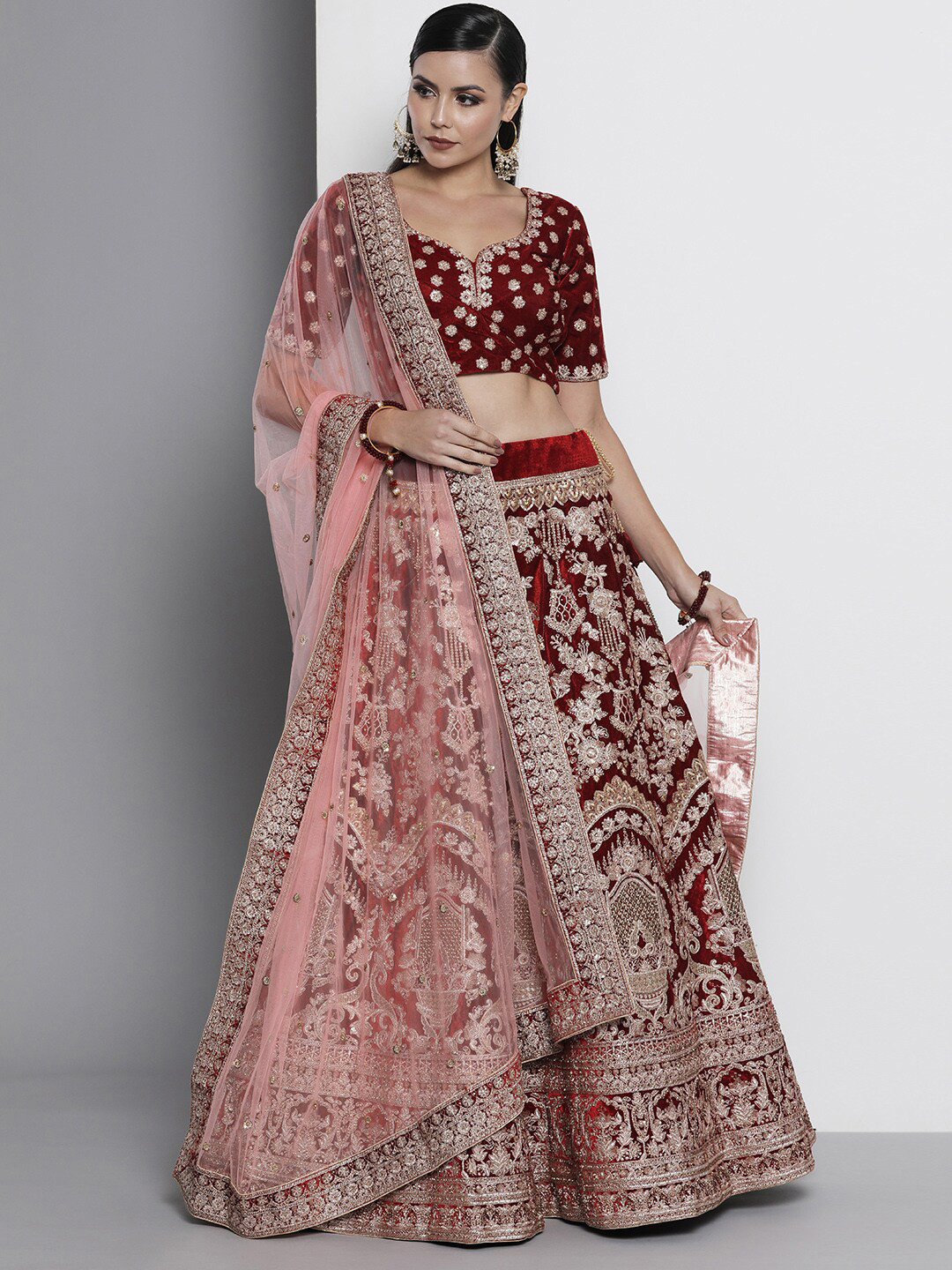 Inddus Burgundy Embroidered Thread Work Semi-Stitched Lehenga & Unstitched Blouse With Dupatta Net