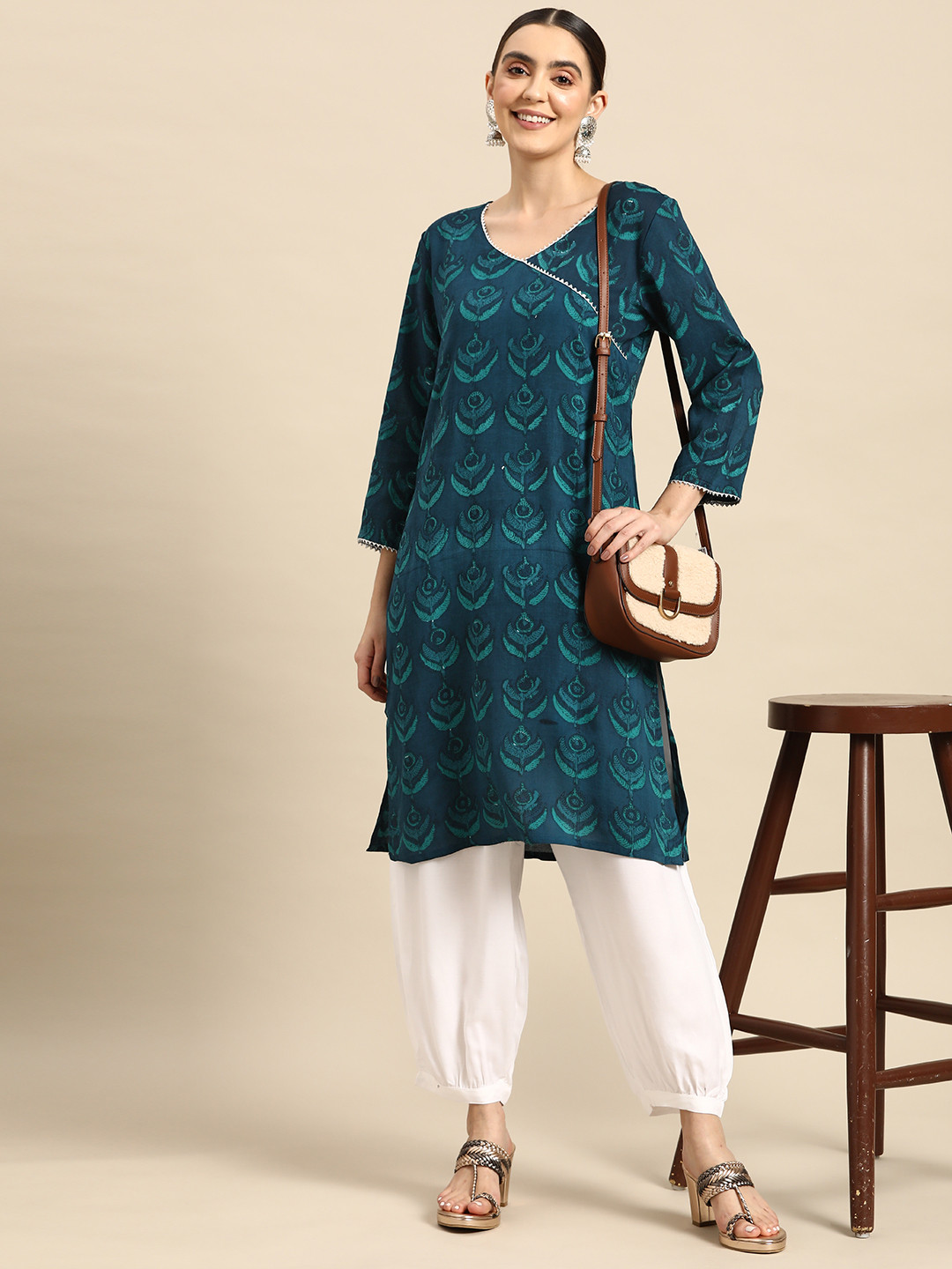 Women Floral Printed Angrakha Gotta Patti Pure Cotton Kurta with Trousers & With Dupatta