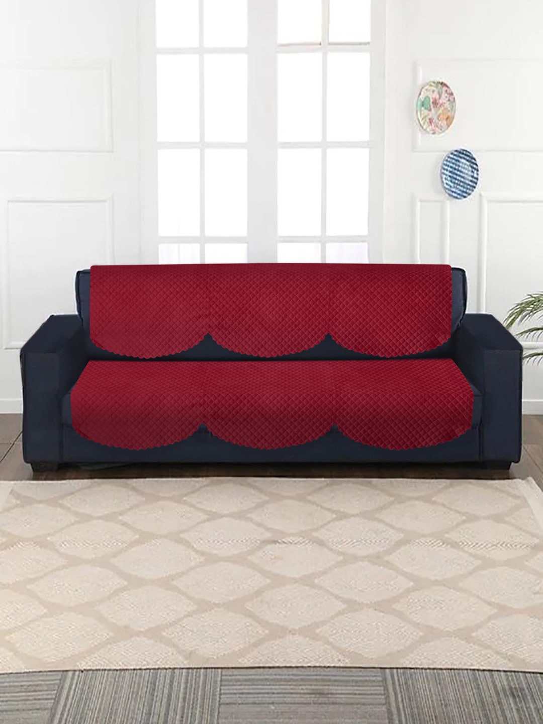 Buy HOSTA HOMES Maroon Patterned Quilted Velvet 5 Seater Sofa Covers