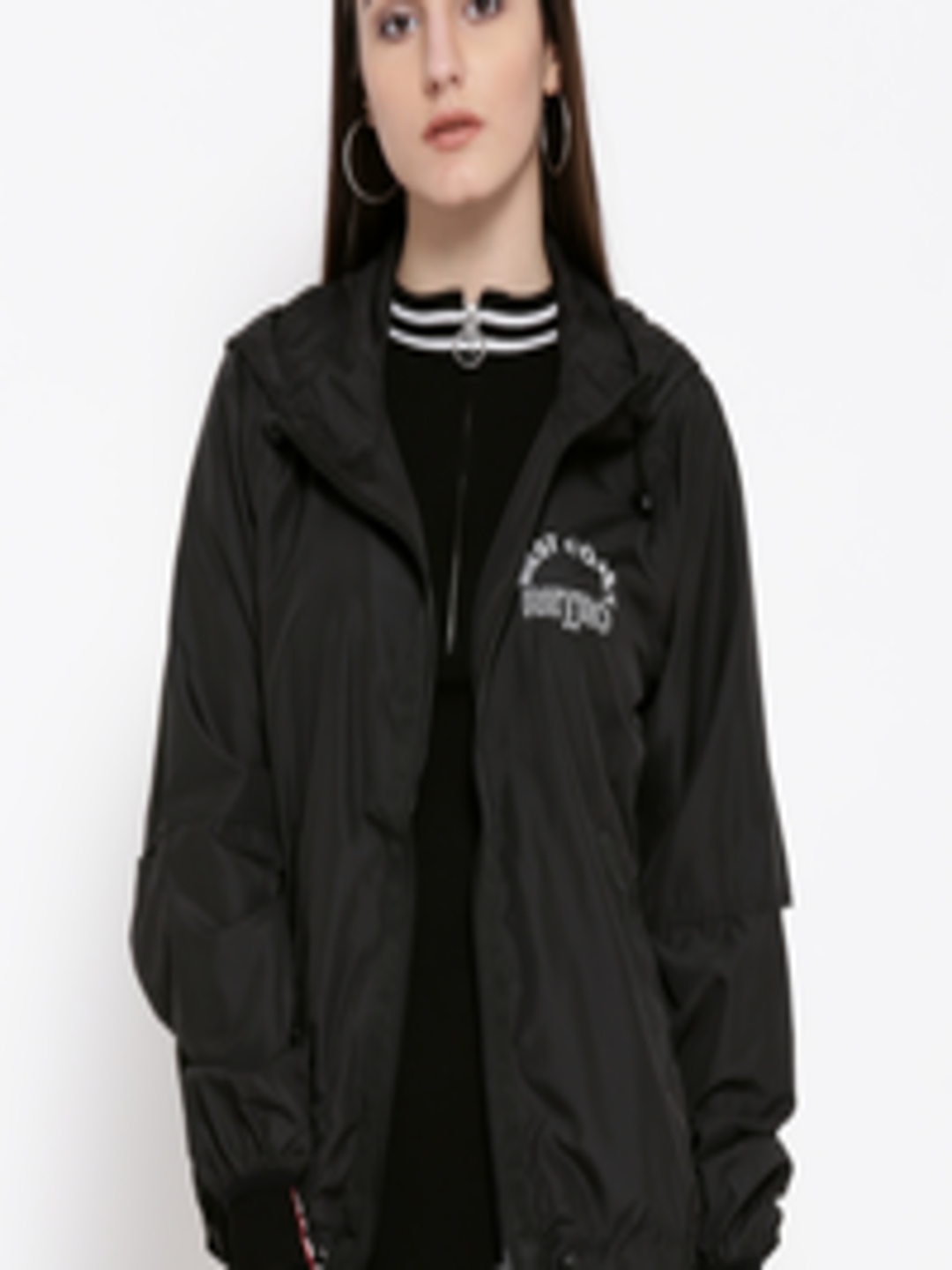 Buy FOREVER 21 Women Black Solid Hooded Sporty Jacket - Jackets for ...