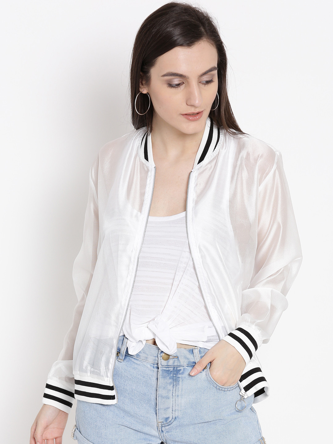 Buy FOREVER 21 Women White Self Design Sheer Bomber Jacket Jackets for Women 2172720 Myntra