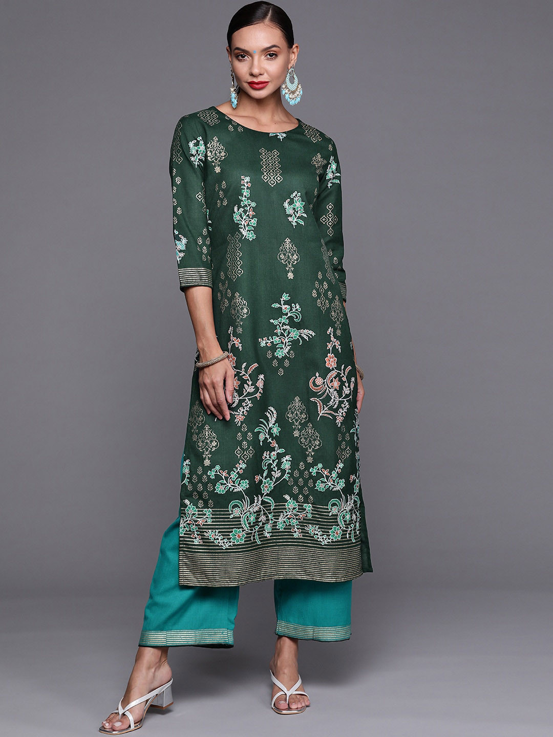 Women Green & Blue Straight Ethnic Motifs Printed Kurta And Palazzos Set