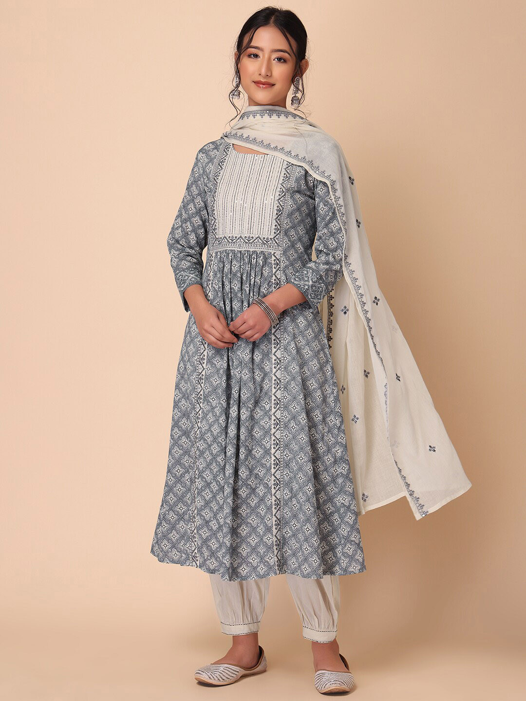 Blue Printed A-Line Pure Cotton Kurta Sets With Dupatta