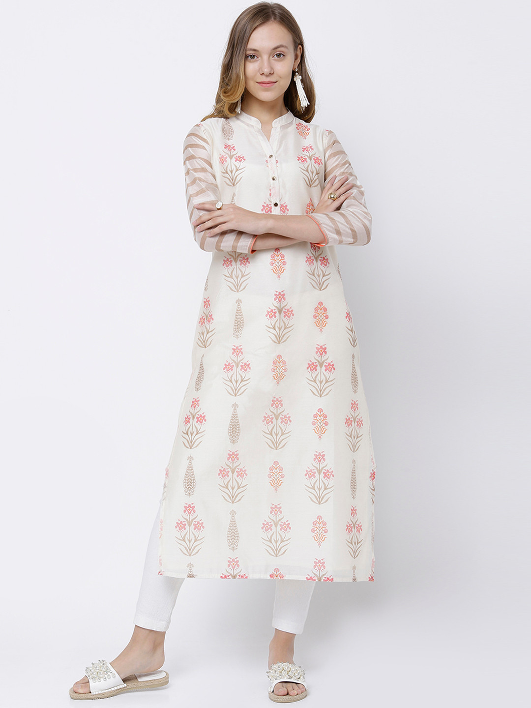 Buy Vishudh Women Cream Coloured Printed Straight Kurta Kurtas for