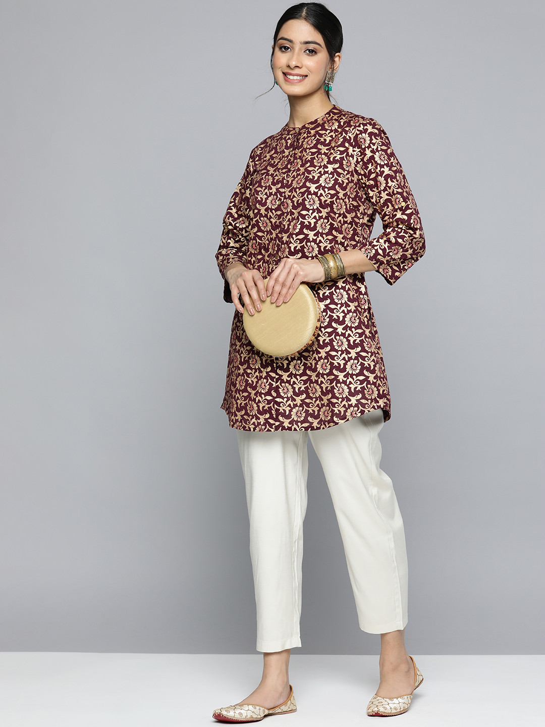 Buy HERE&NOW Floral Printed Band Collar A Line Kurti Kurtis for Women