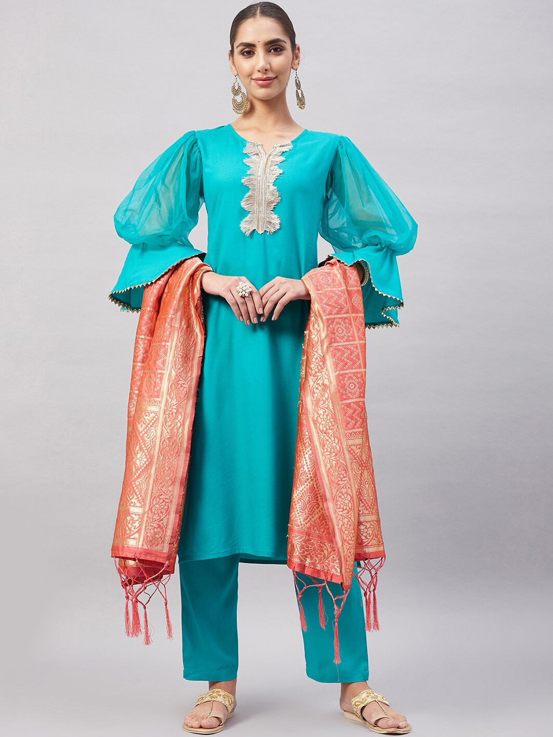 Buy InWeave Puffed Sleeves Kurta With Trousers & Dupatta Kurta Sets