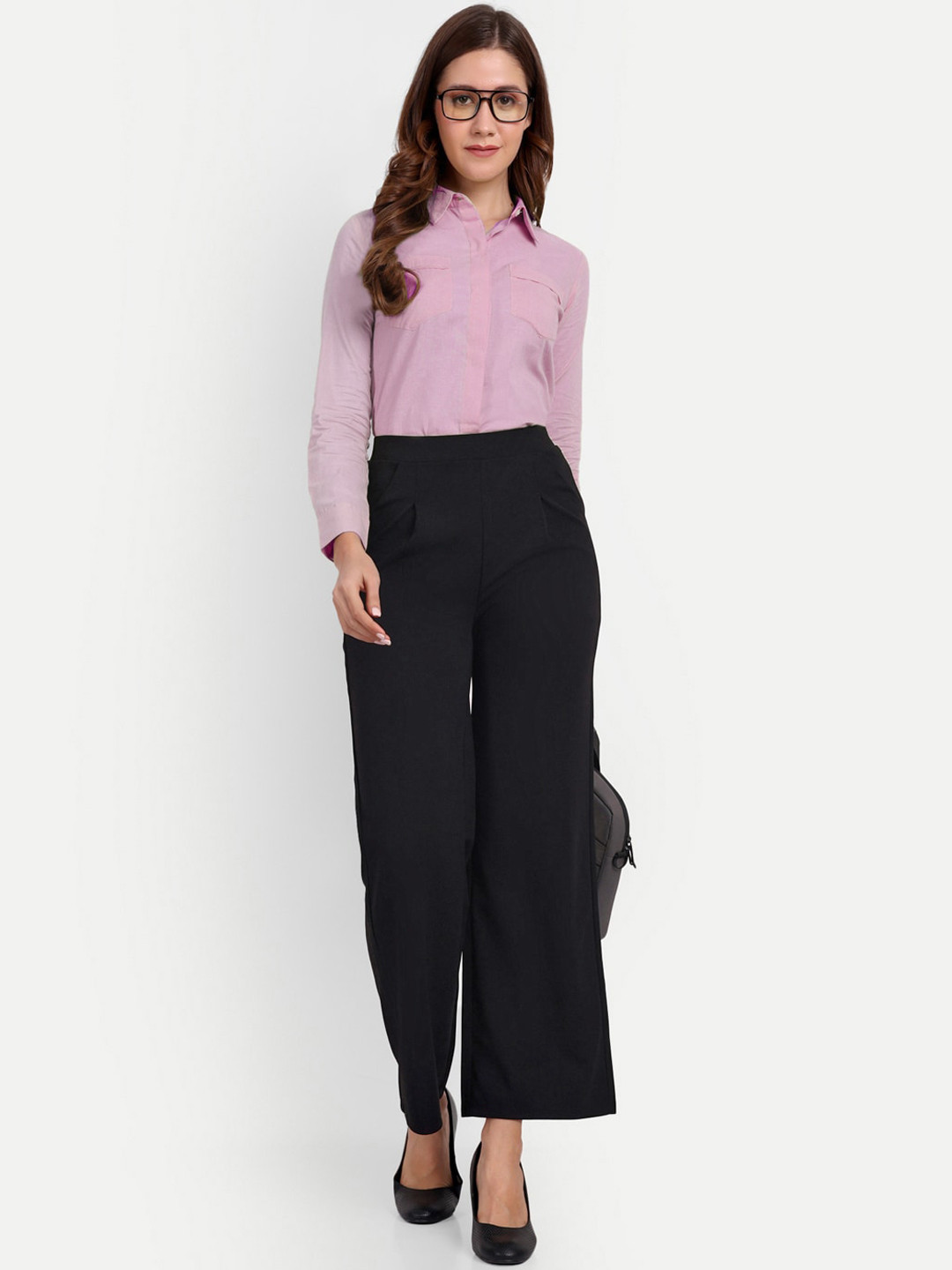 Women Beige Green Cotton Pleated High Rise Loose-Fit Formal Trouser