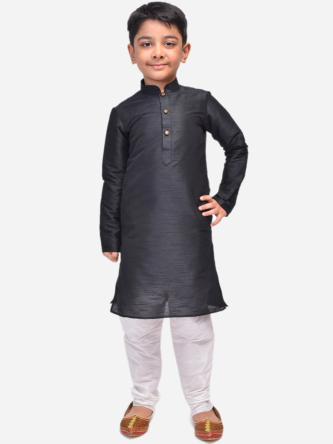Buy NAMASKAR Boys Black Dupion Silk Mandarin Collar Kurta With Churidar