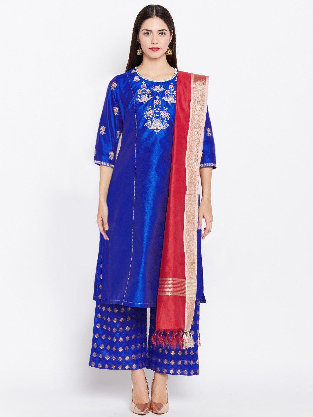 Buy Biba Women Blue & Red Embroidered Kurta With Palazzos & Dupatta