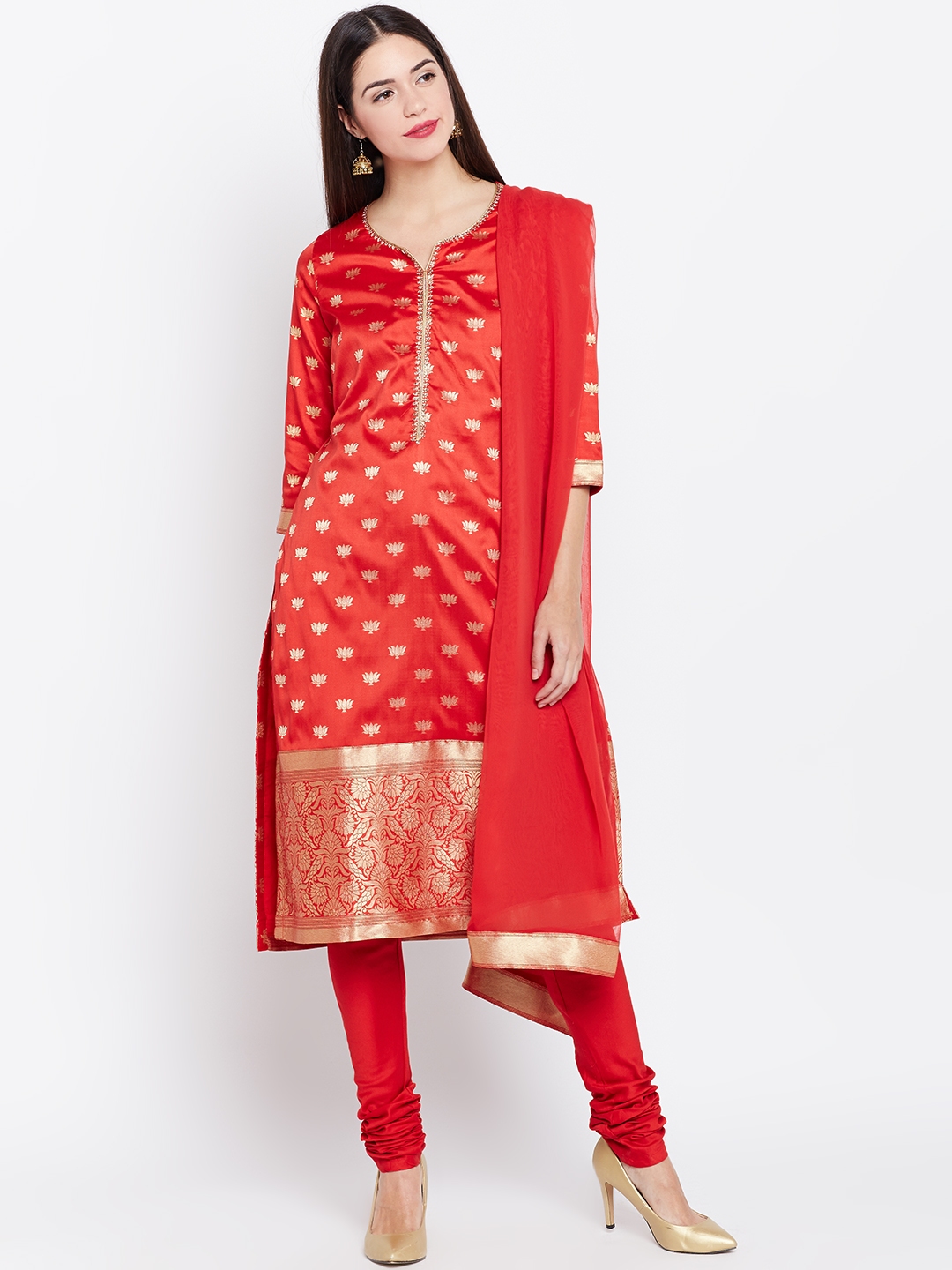 Buy Biba Women Red & Golden Woven Design Kurta With Churidar & Dupatta ...