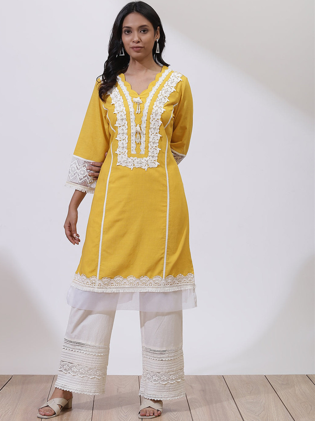 Women Yellow Ethnic Motifs Ikat Kurta With Lace Work main image 0