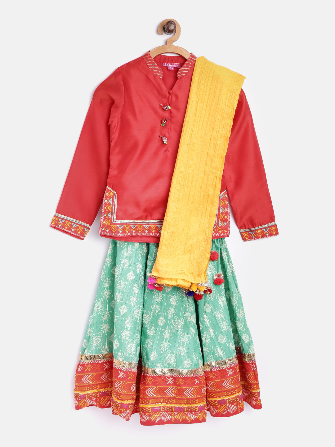 Buy Biba Girls Red & Green Solid Kurti With Skirt & Dupatta Kurta