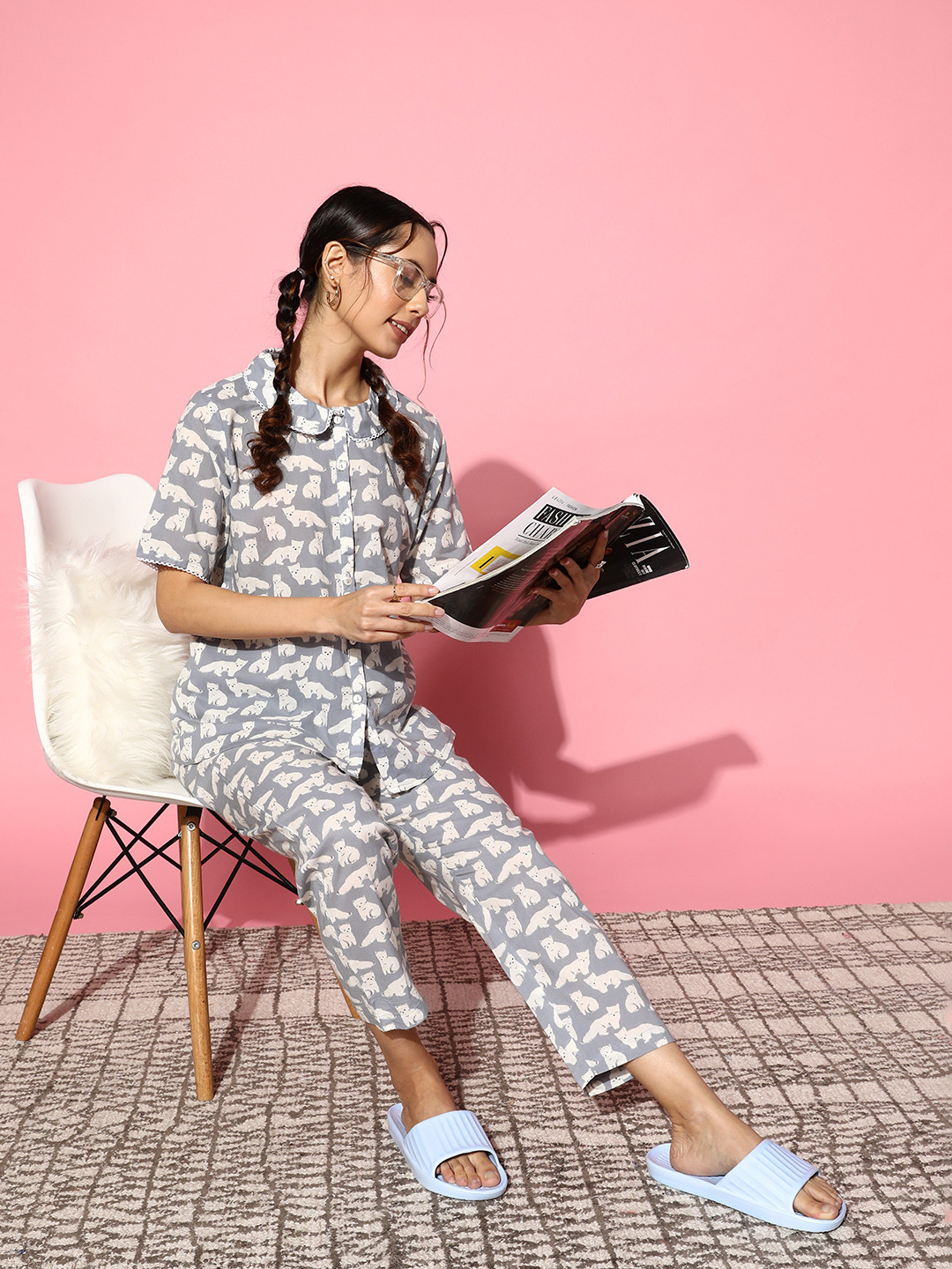 Buy SANSKRUTIHOMES Women Grey & White Printed Pure Cotton Night Suit