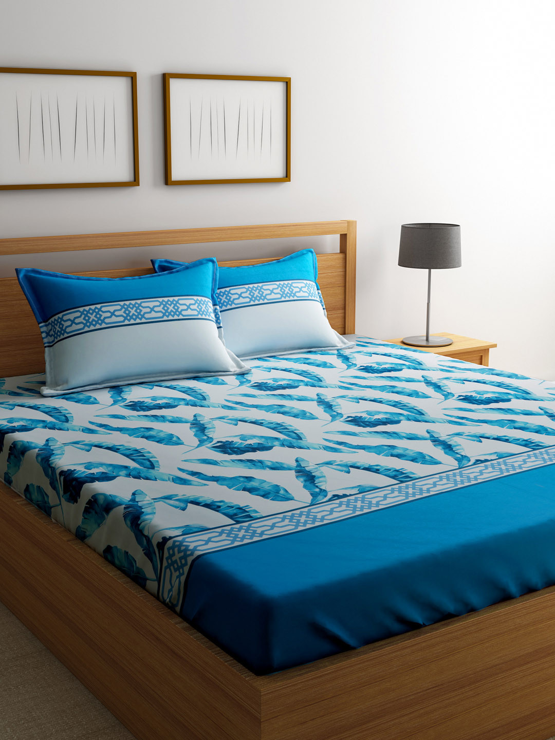 Buy Trident Blue & White 180 TC Cotton Double King Bedsheet With 2