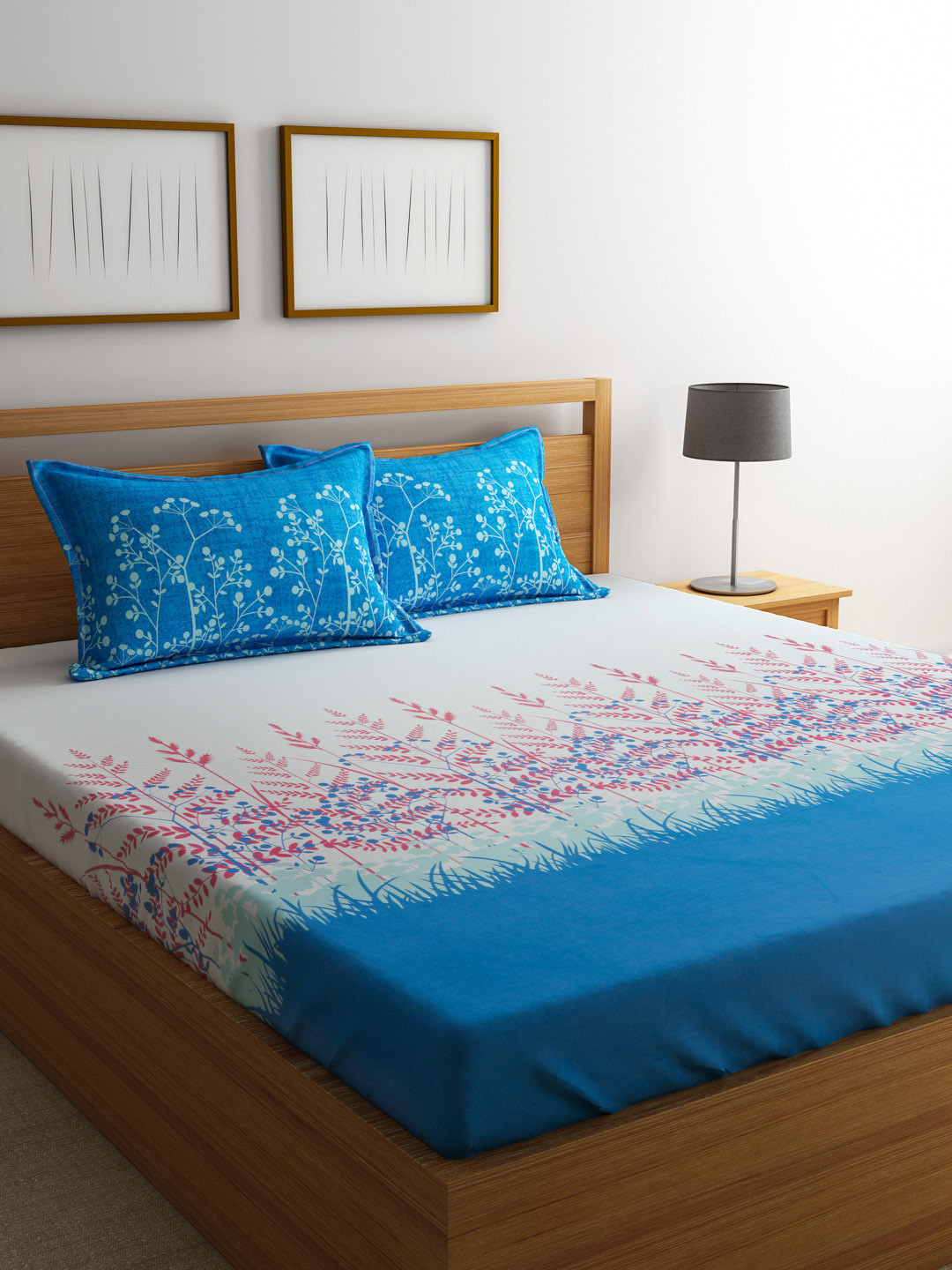 Buy MYTRIDENT White Blue 180 TC Cotton Double King Bedsheet With 2 Pillow Covers Bedsheets for