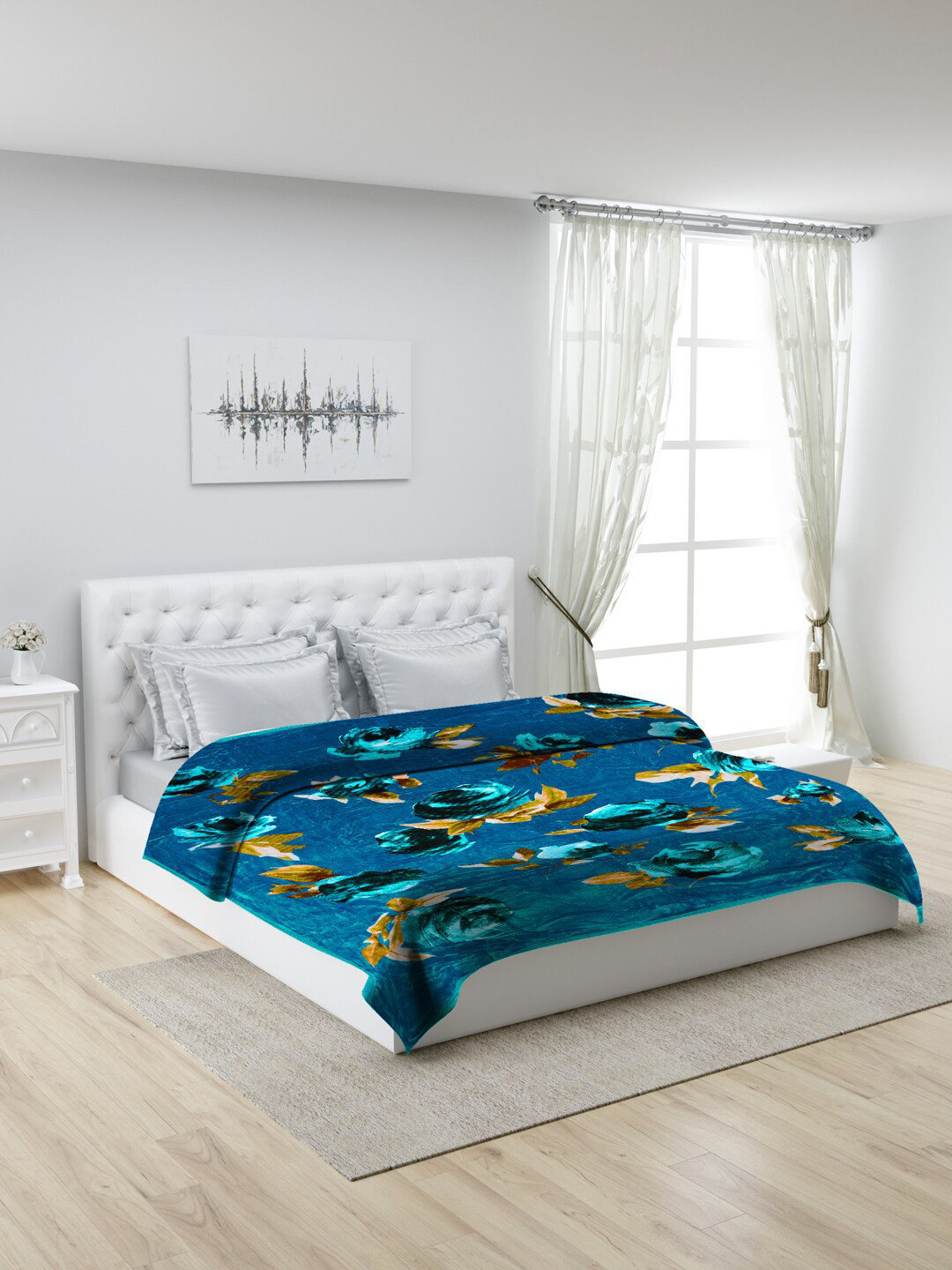Buy Monte Carlo Blue & Mustard Floral Mild Winter 600 GSM Double Bed