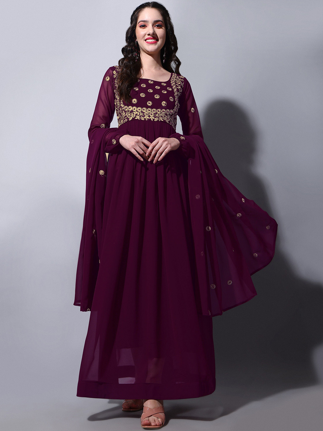Buy ASPORA Burgundy & Gold Toned Embroidered Flared Ethnic Dress With