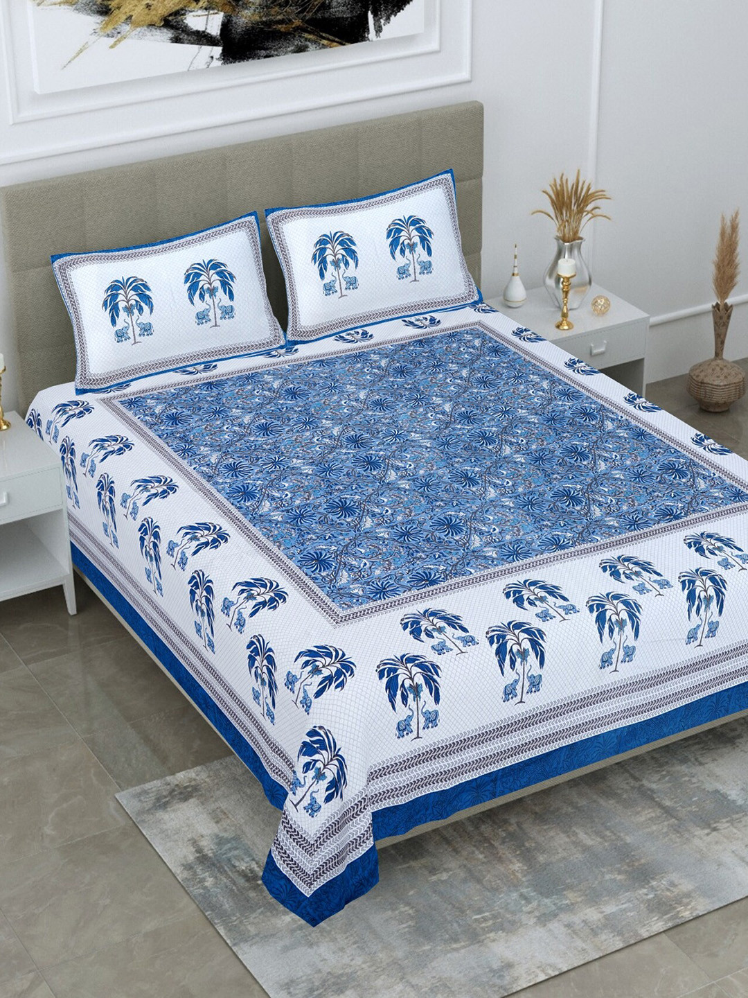 Buy Salona Bichona Blue Floral 120 TC Flat Cotton King Bedsheet With 2