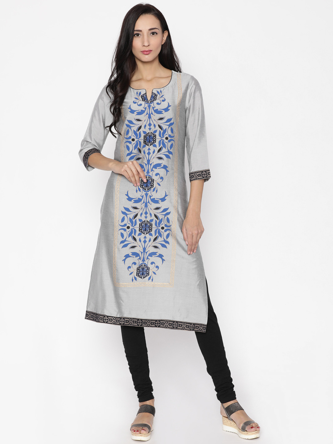 Women Grey Printed Straight Kurta With Trouser