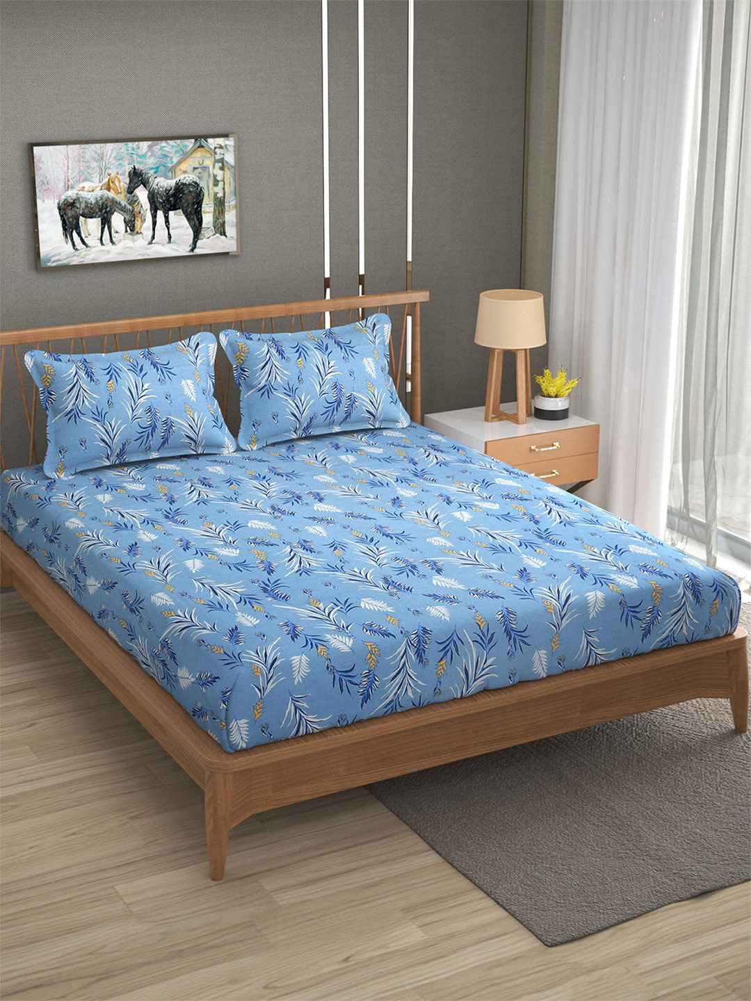 Buy Florida Blue & White Floral 120 TC Flat Pure Cotton Queen Bedsheet