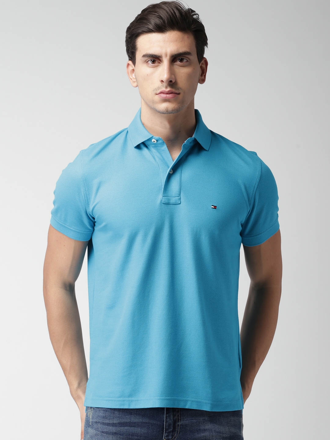 Buy Tommy Hilfiger Men Blue Solid Polo Pure Cotton T Shirt - Tshirts ...