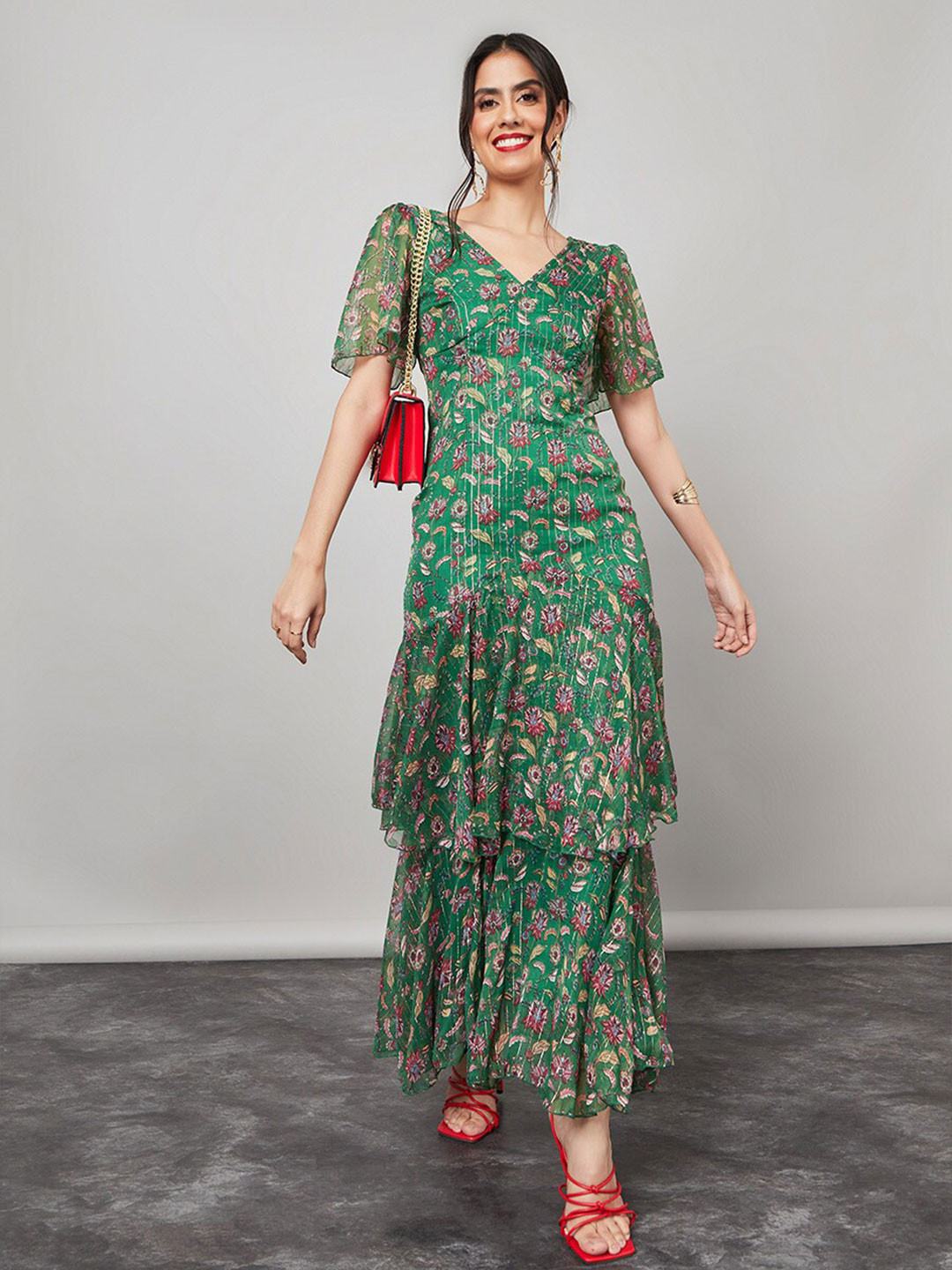 Women White & Coral Floral Printed Maxi Dress main image 0