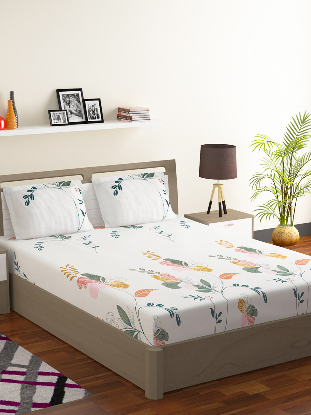 Buy BOMBAY DYEING White & Green Floral 144 TC Flat Queen Bedsheet With