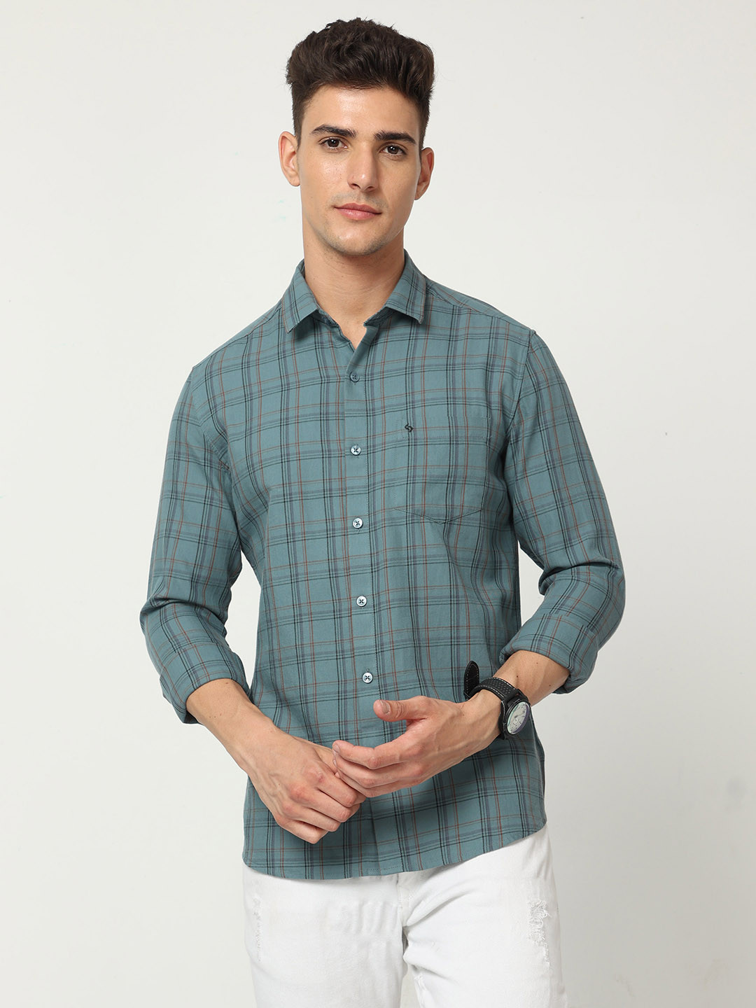 Men's Black Slim Fit Tartan Checked Cotton Casual Shirt
