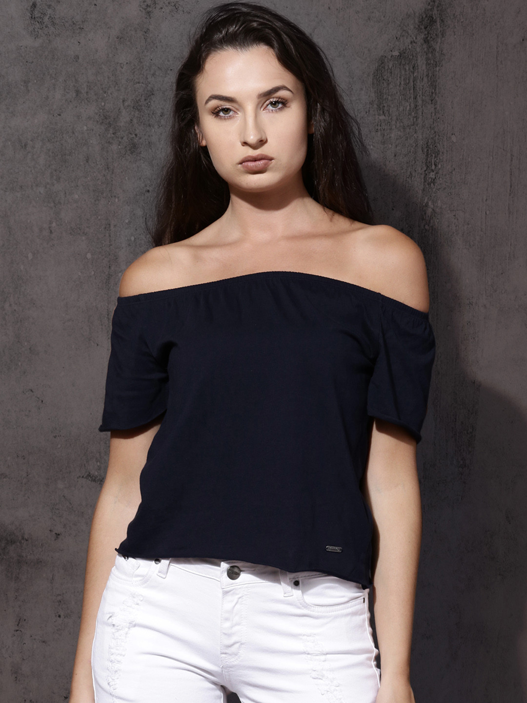 Buy Roadster Women Navy Blue Bardot Top Tops for Women 2180990 Myntra