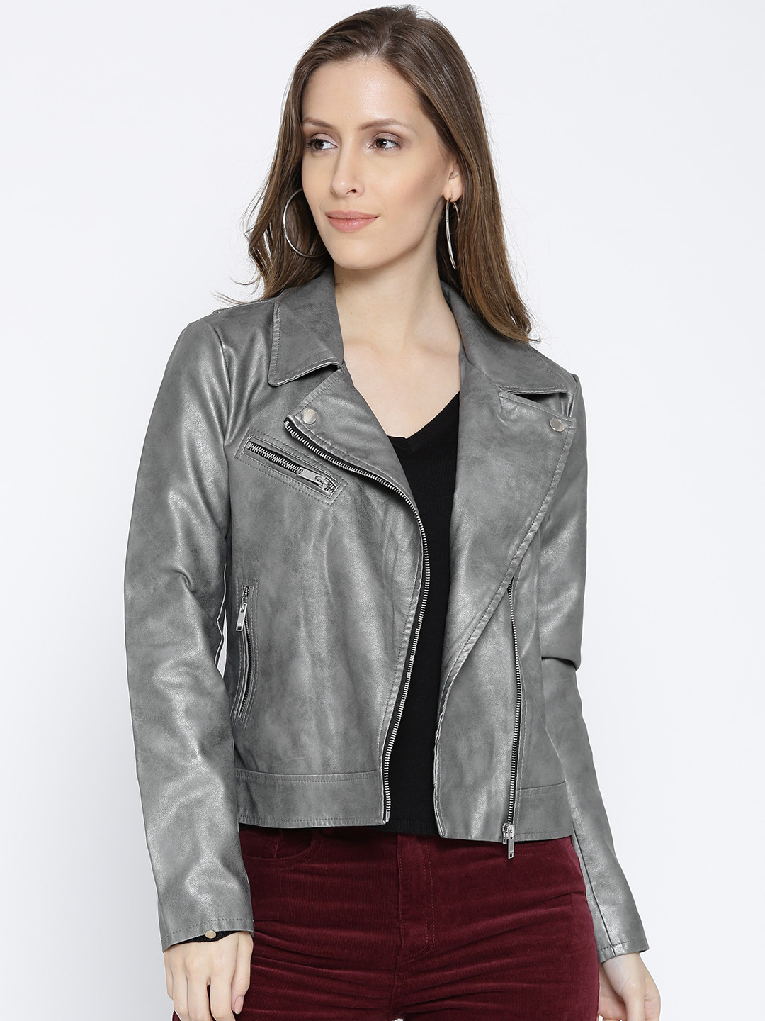 Buy ONLY Women Grey Solid Asymmetric Closure Biker Jacket Jackets for