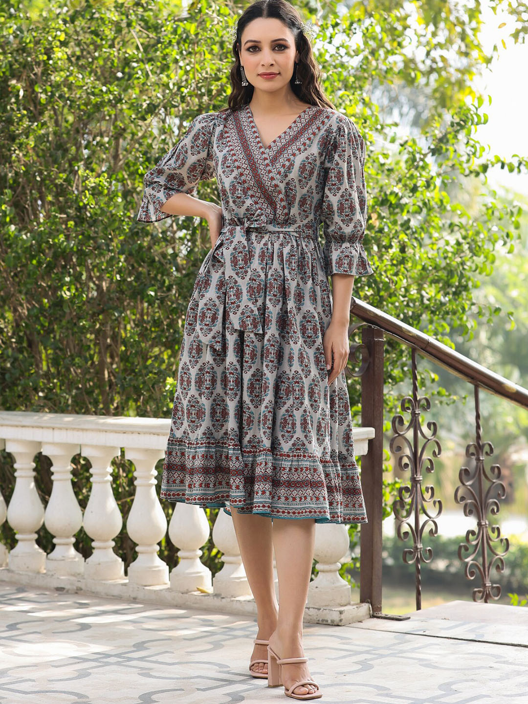 Ethnic blue printed buckle loose dress main image 1