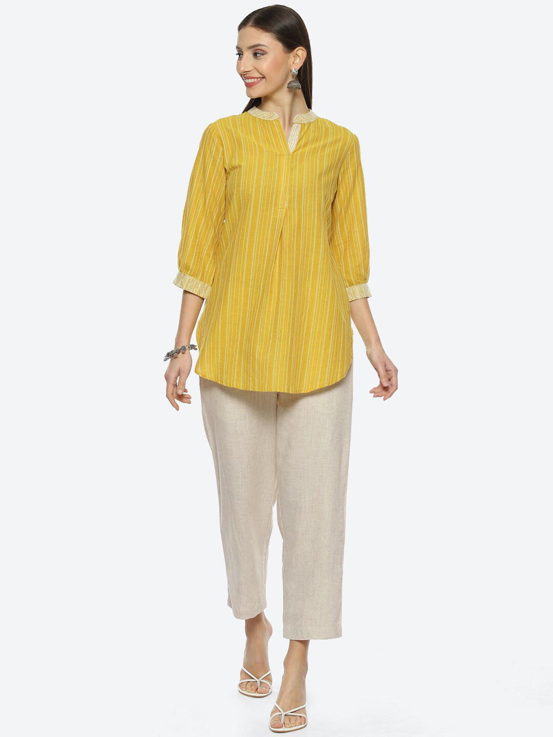 Bimba Women's Blue Cotton Kurti - Long Tunic Blouse With Mandarin Collar & Pockets (46" Length)