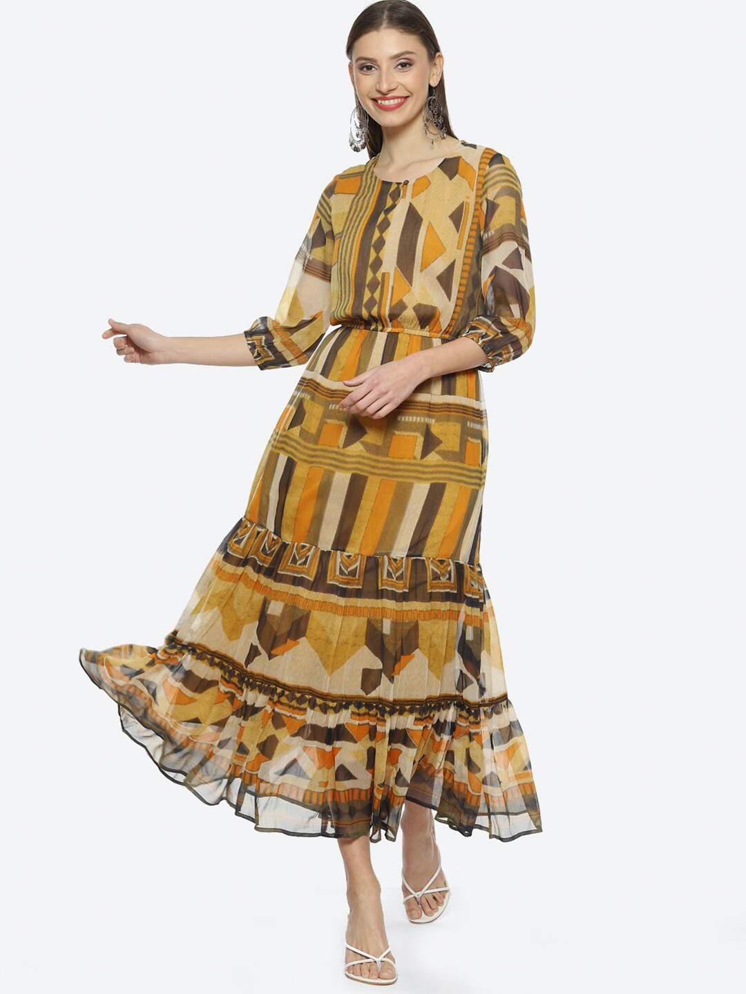 Buy Biba Geometric Printed Round Neck A Line Midi Dress Dresses for