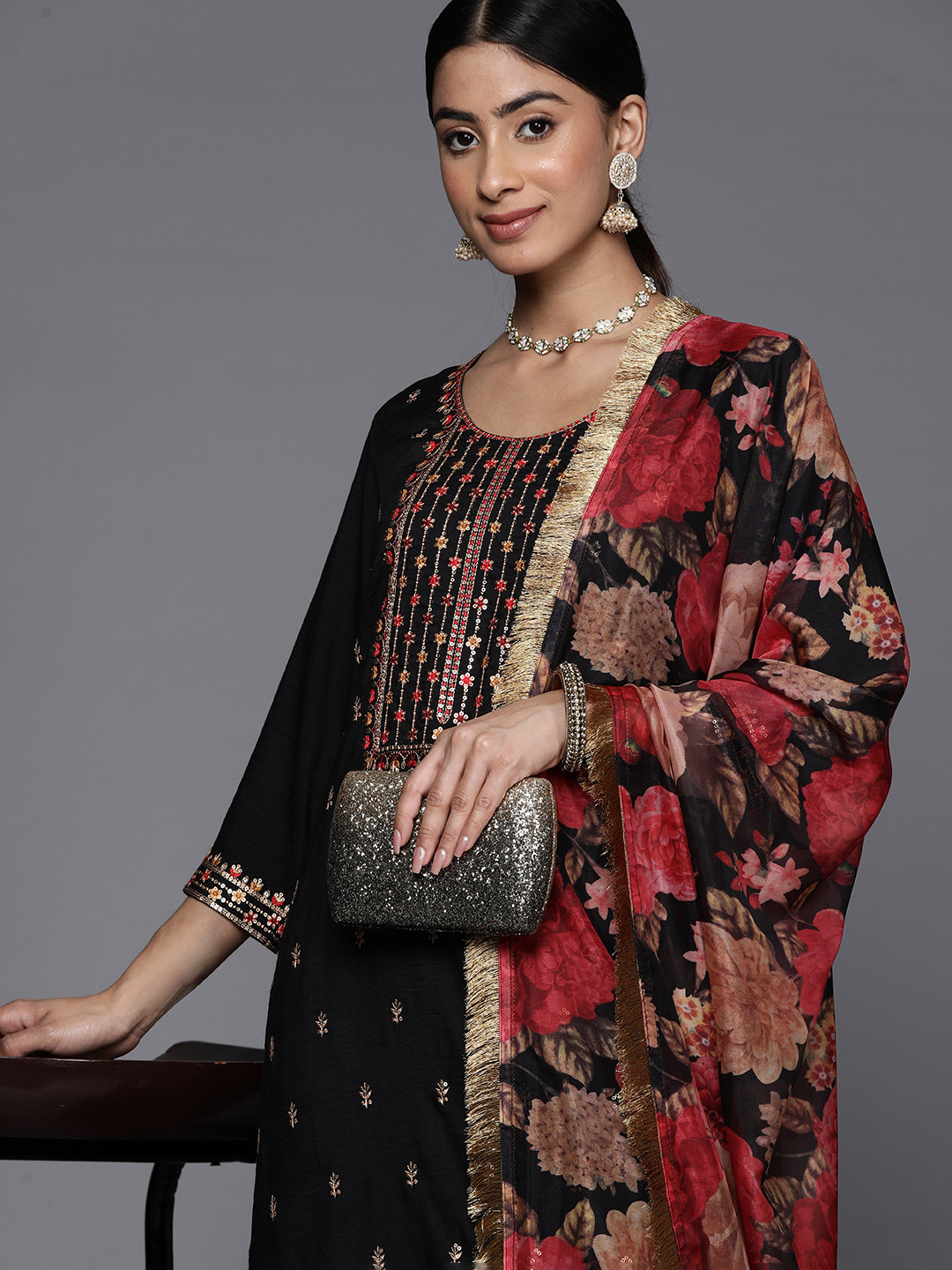 Women Black Floral Front Yoke Kurta With Pencil Pants & Dupatta
