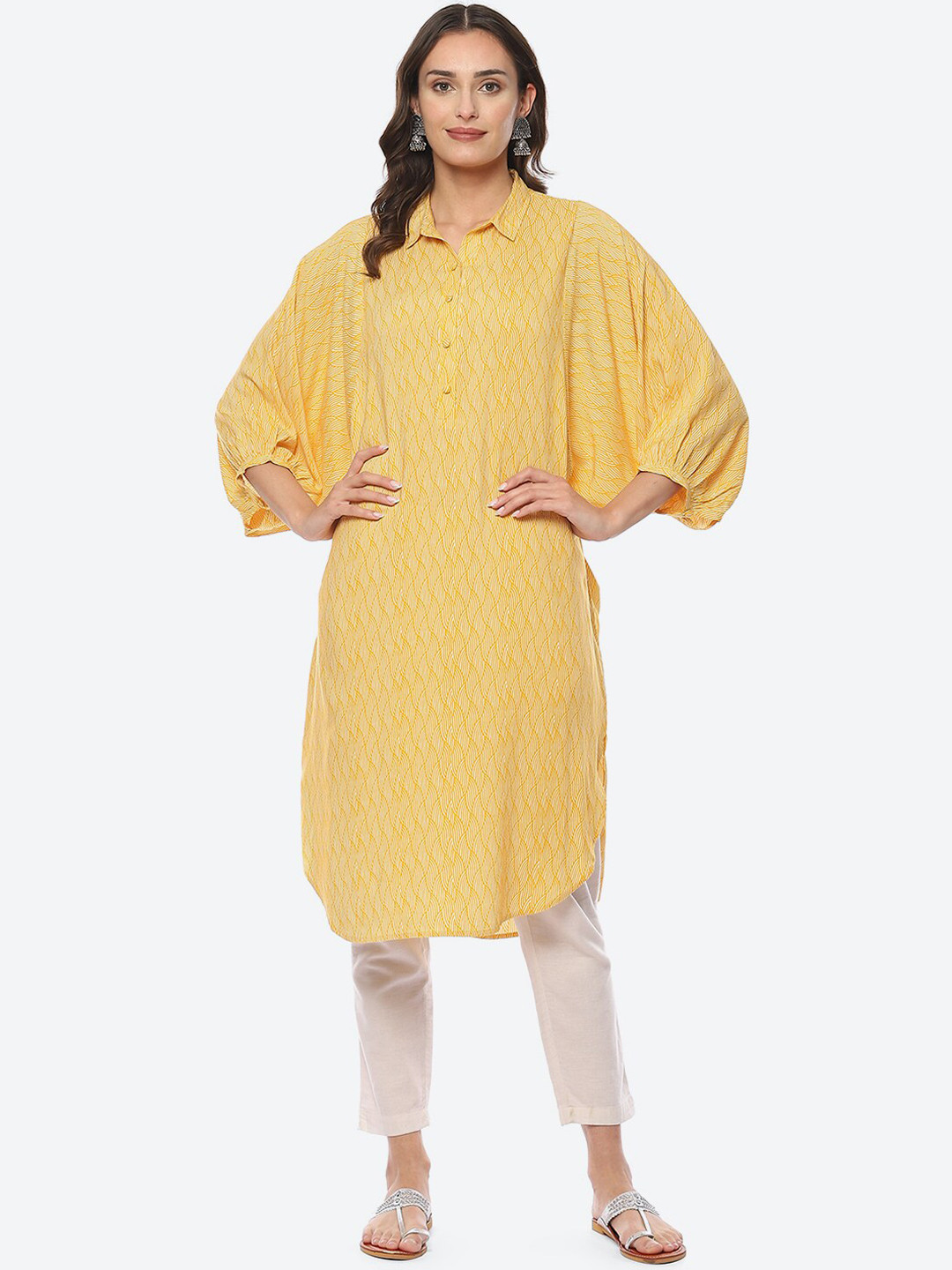 Buy Biba Abstract Printed Batwing Sleeves Shirt Collar Kurta Kurtas