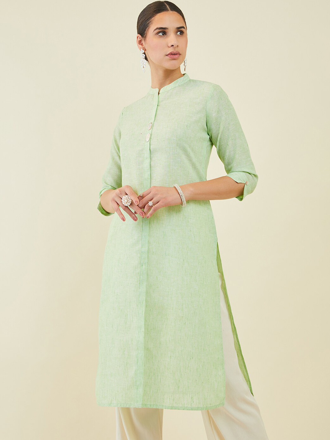 Women's Camel Brown Mandarin Collar Straight Kurta