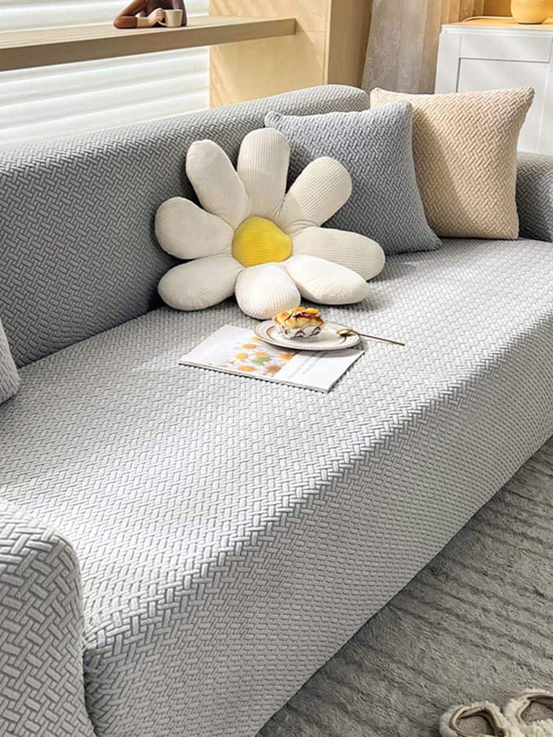 Buy HOUSE OF QUIRK Grey Self Design Jacquard Stretchable Elasticity 1 Seater Sofa Cover With