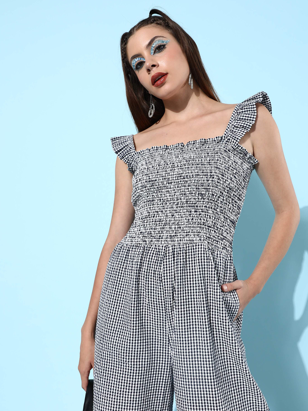 Buy The Vanca Checked Sleeveless Basic Cotton Long Jumpsuit Jumpsuit