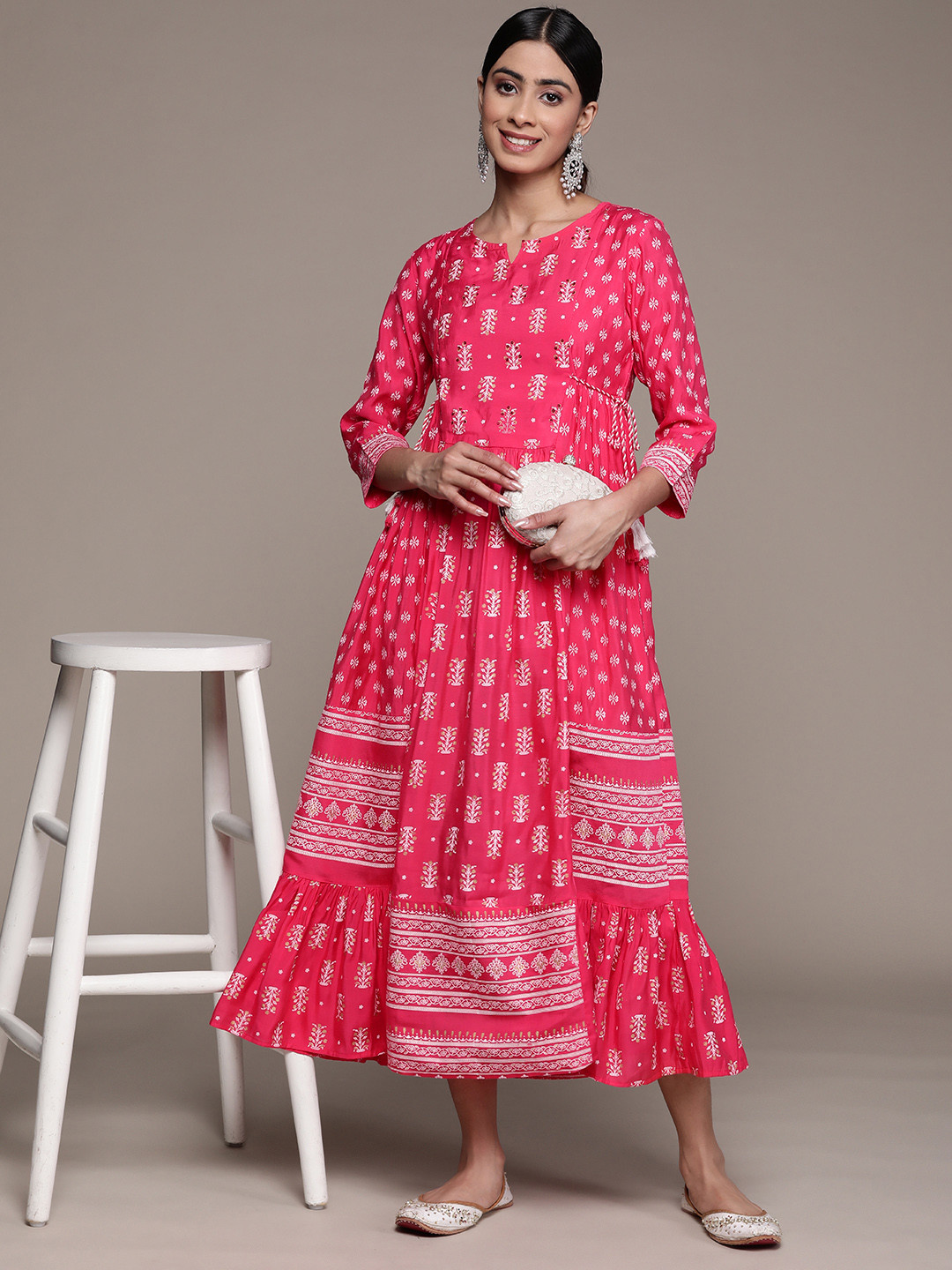 Ishin Women's Cotton White & Pink Embroidered A-Line Dress main image 0