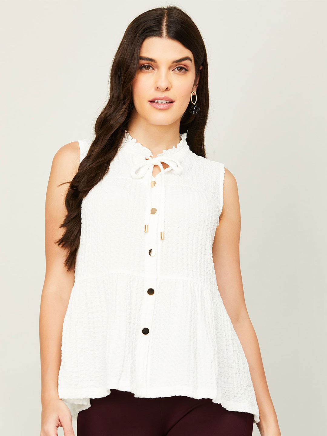 Women Red Solid Tie-Up Neck Peplum Top