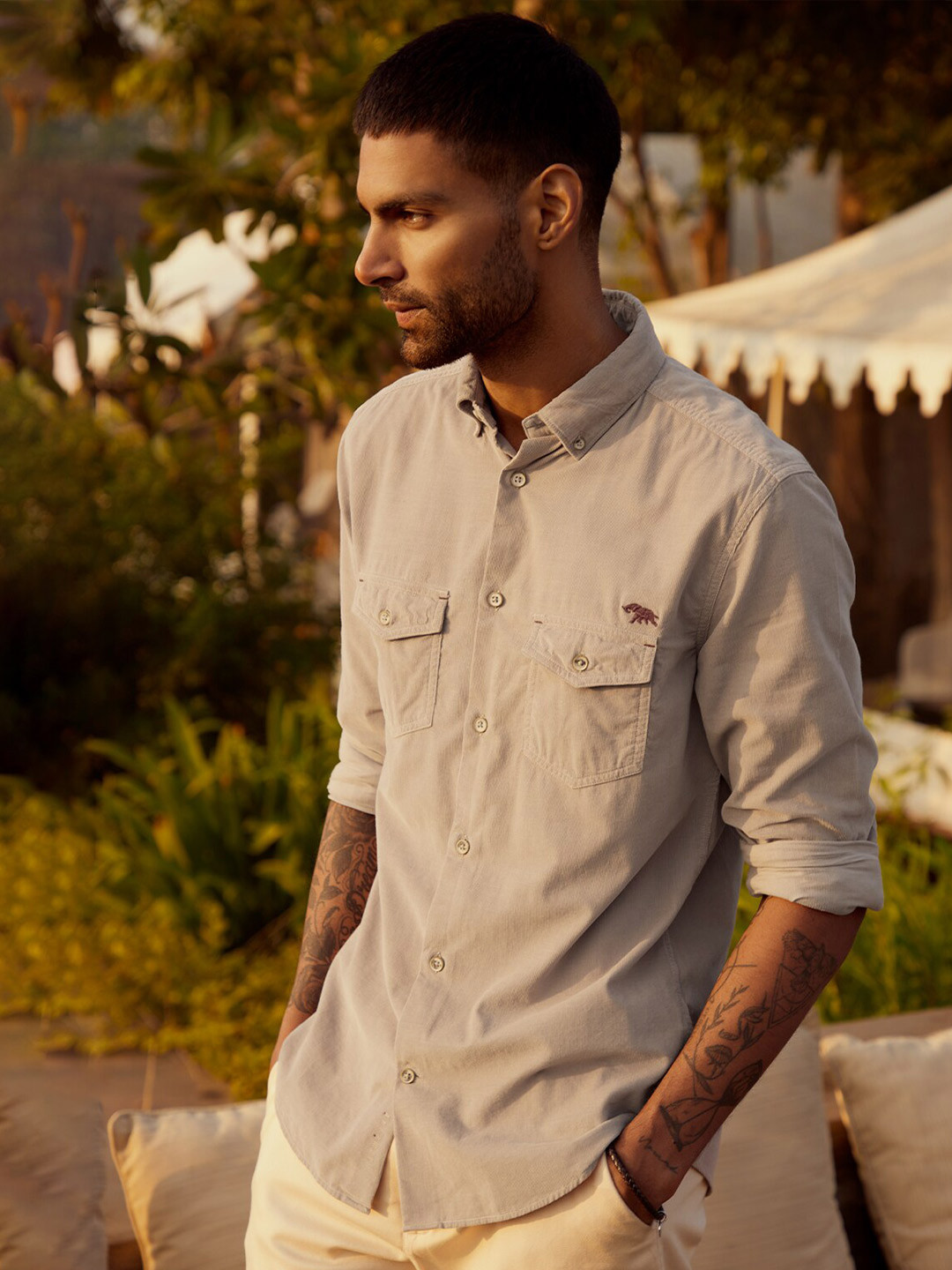 Buy Andamen Khaki Slim Fit Corduroy Front Flap Pockets Shirt Shirts