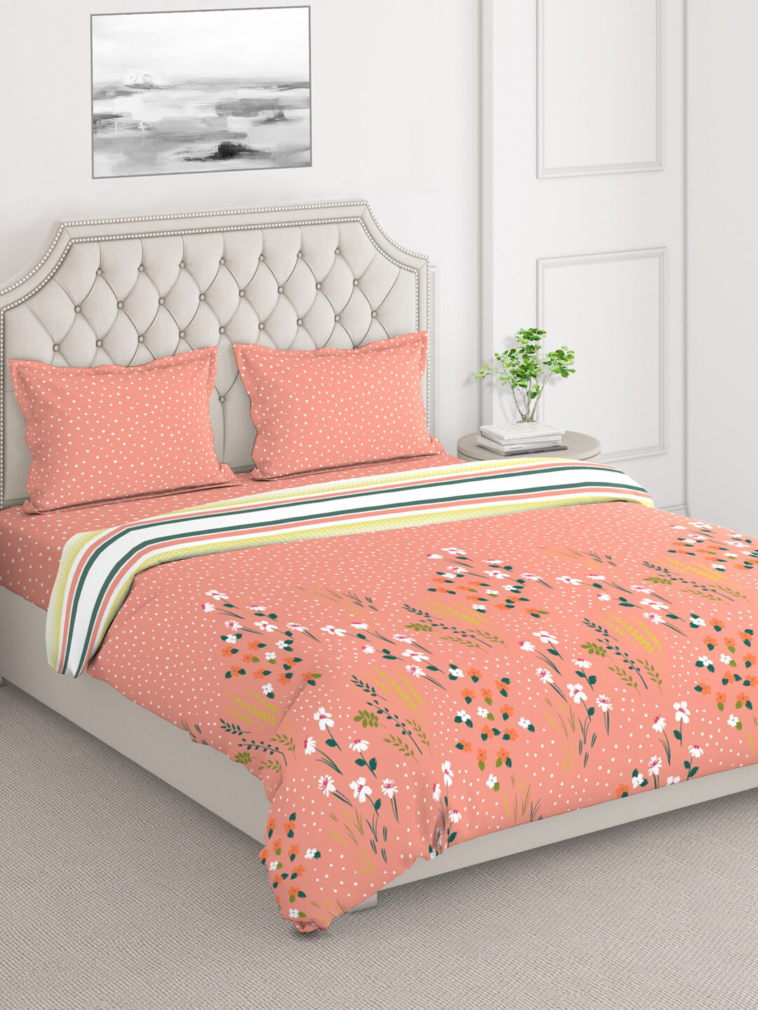 Buy Layers DuroCount Peach & Green Floral Printed Double King Bedding