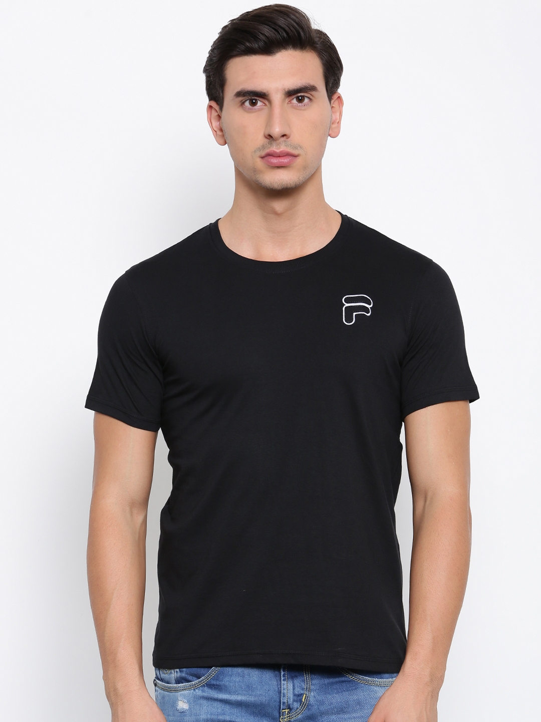 Buy FILA Men Black Solid Round Neck Pure Cotton T Shirt - Tshirts for ...