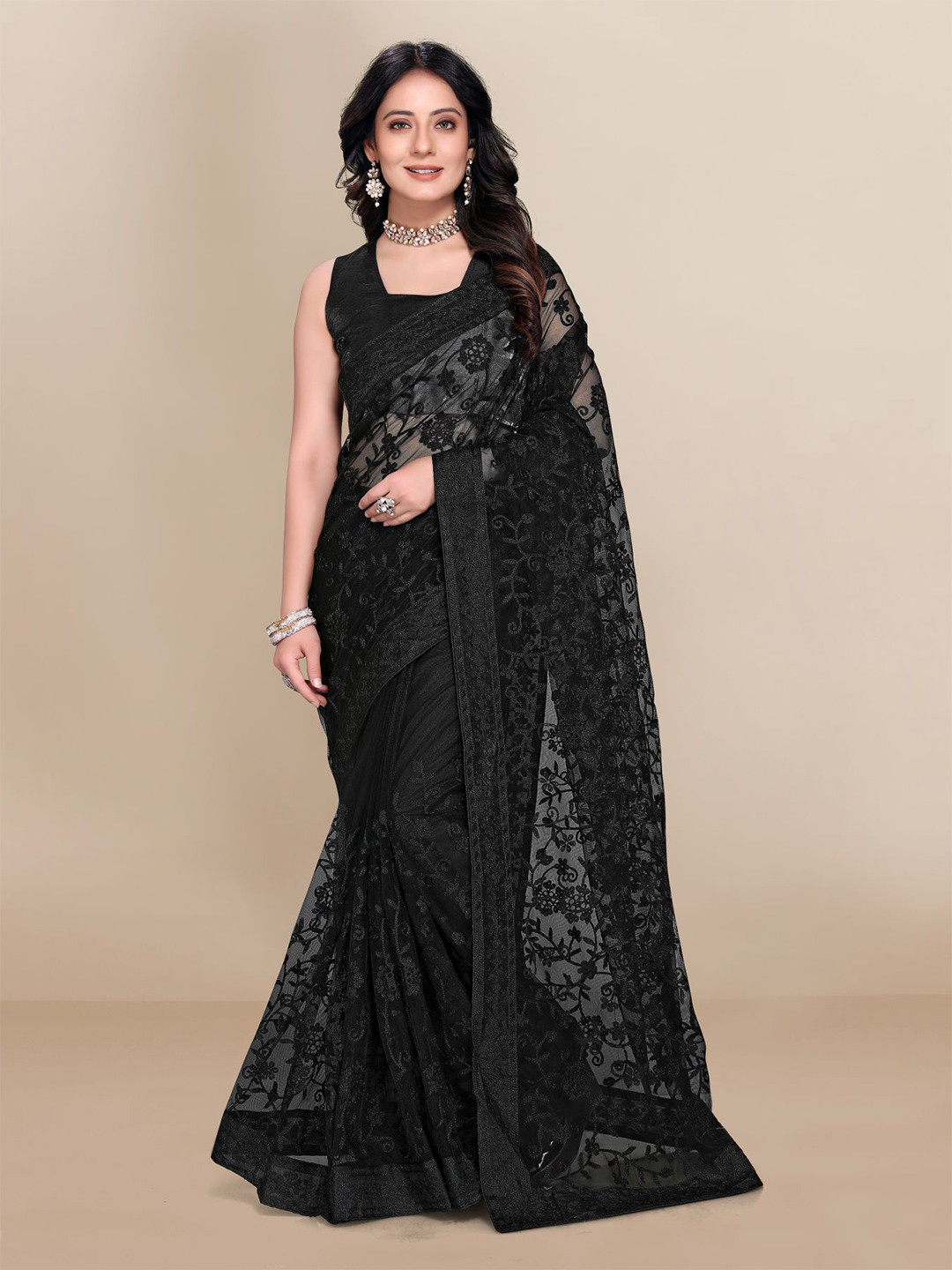 Black Floral Embroidered Net Saree With Unstitched Blouse Piece main image 0