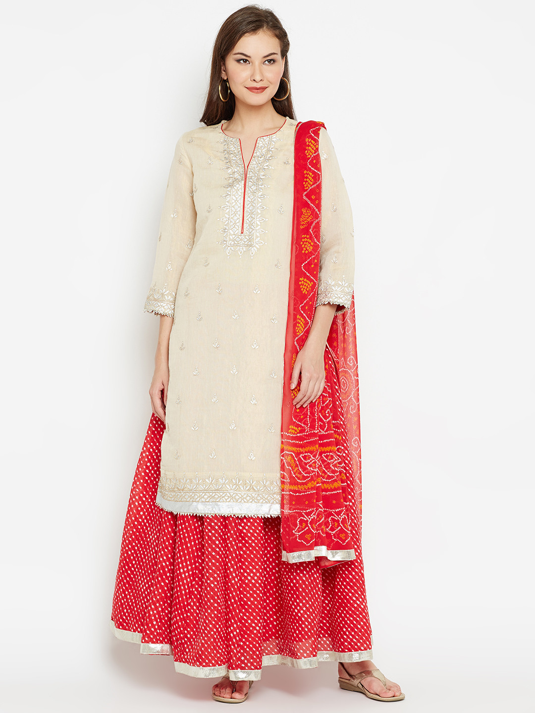 Buy Biba Women Beige & Red Embroidered Kurta With Skirt & Dupatta