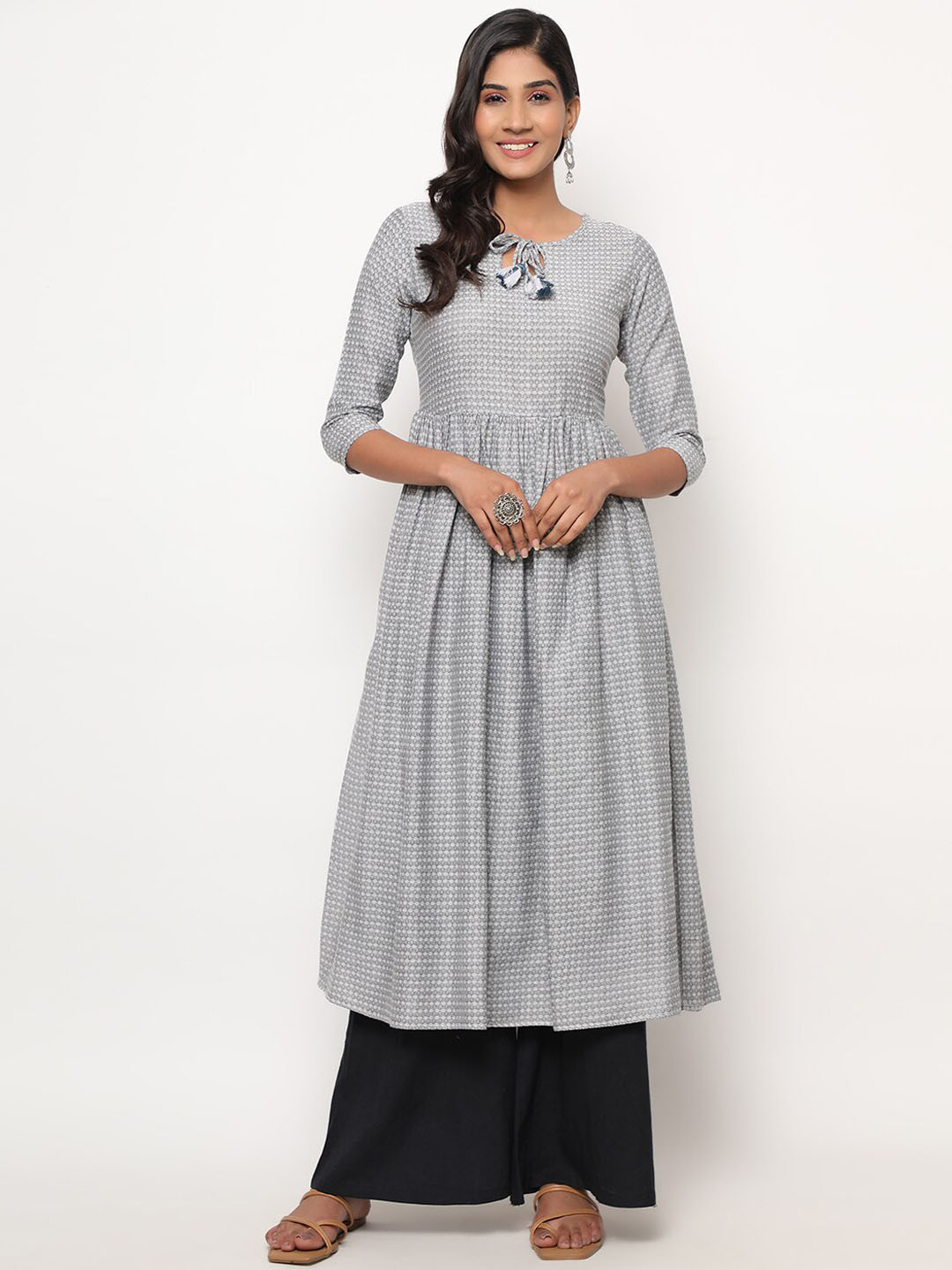 Buy KALINI Tie Up Neck Geometric Printed A Line Cotton Kurta Kurtas