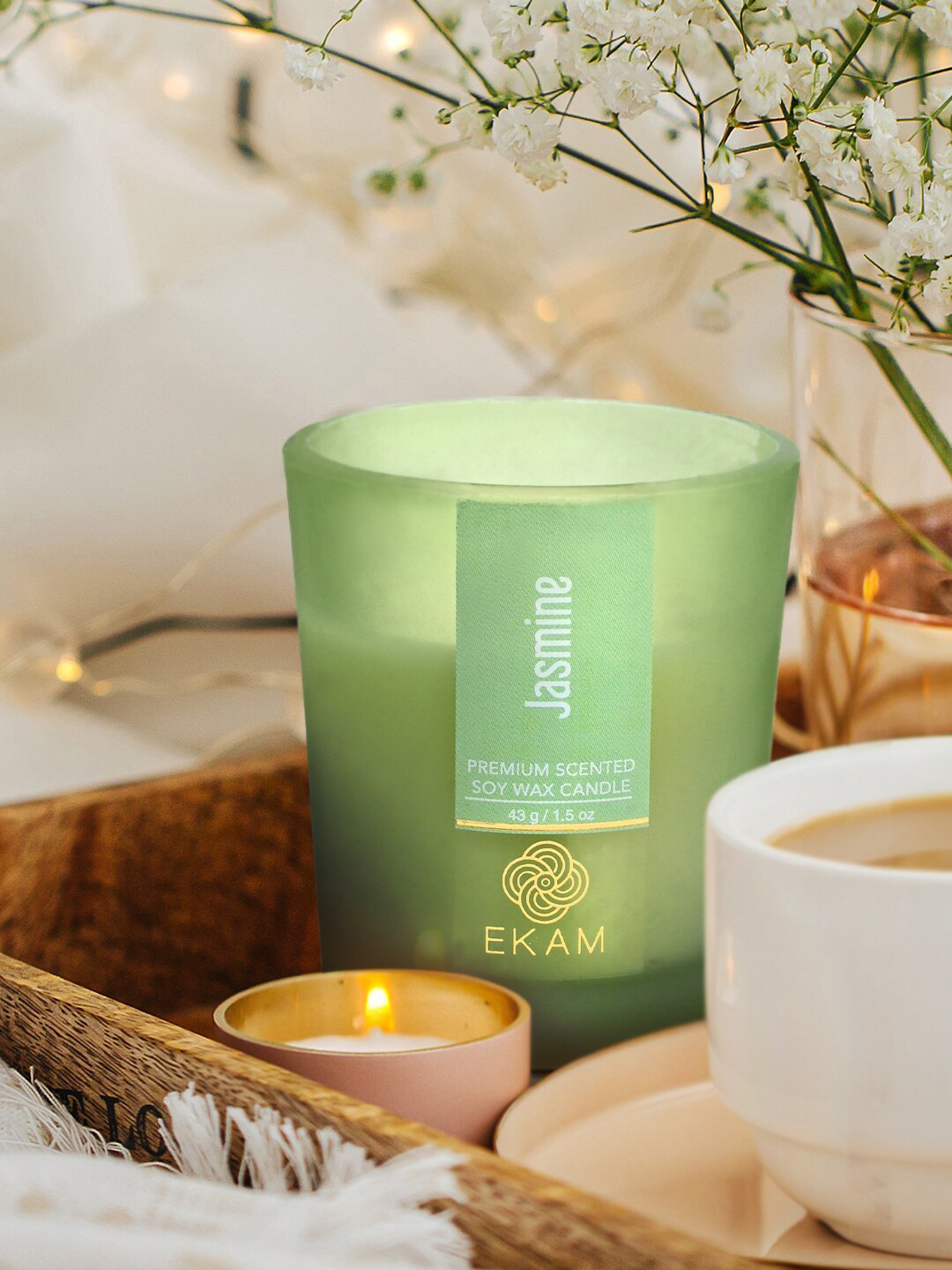 Buy Ekam Green 3 Pieces Soya Wax & Glass Jasmine Premium Scented Candle