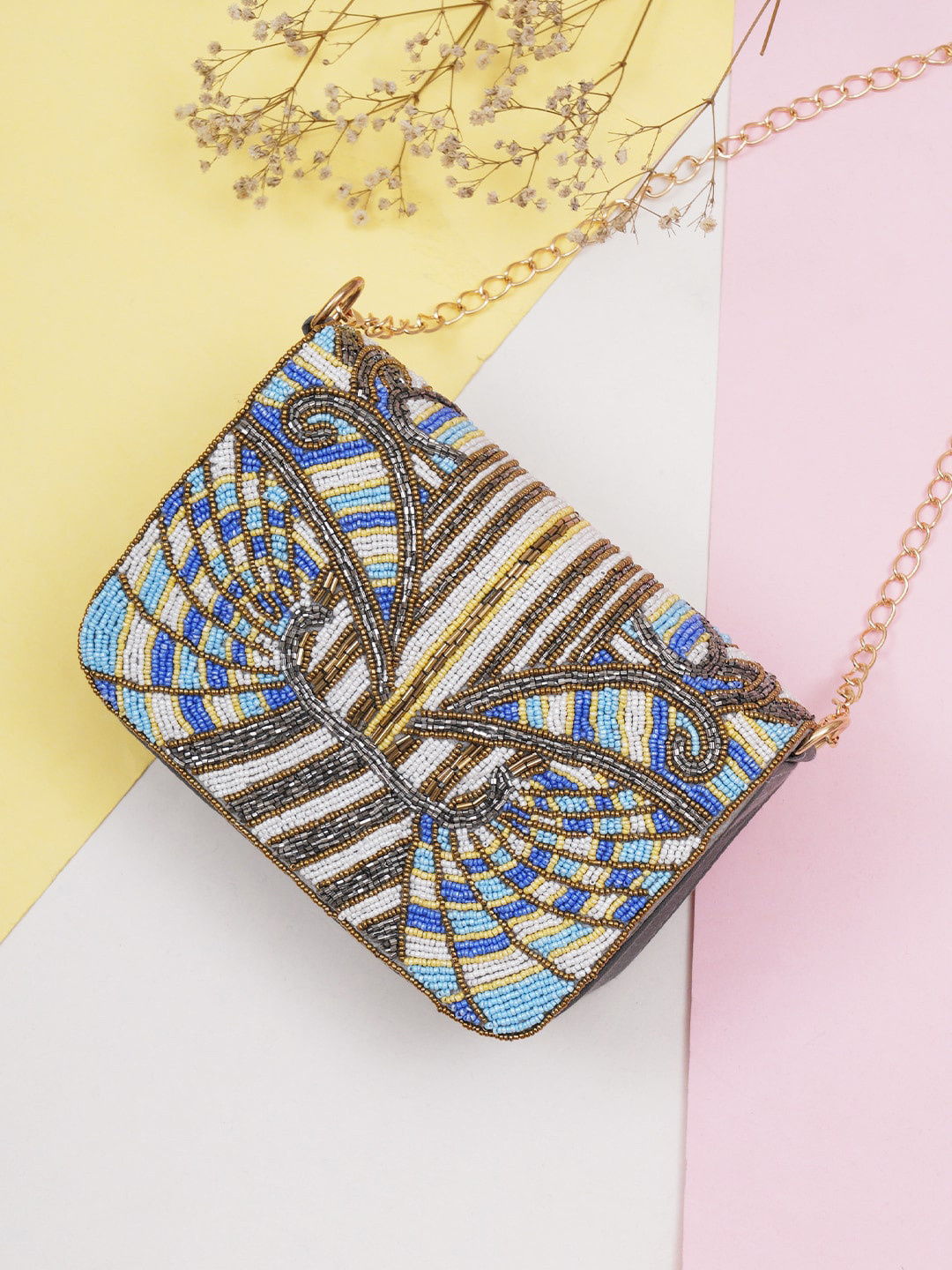 Buy FABBHUE Embellished Foldover Clutch With Detachable Chain