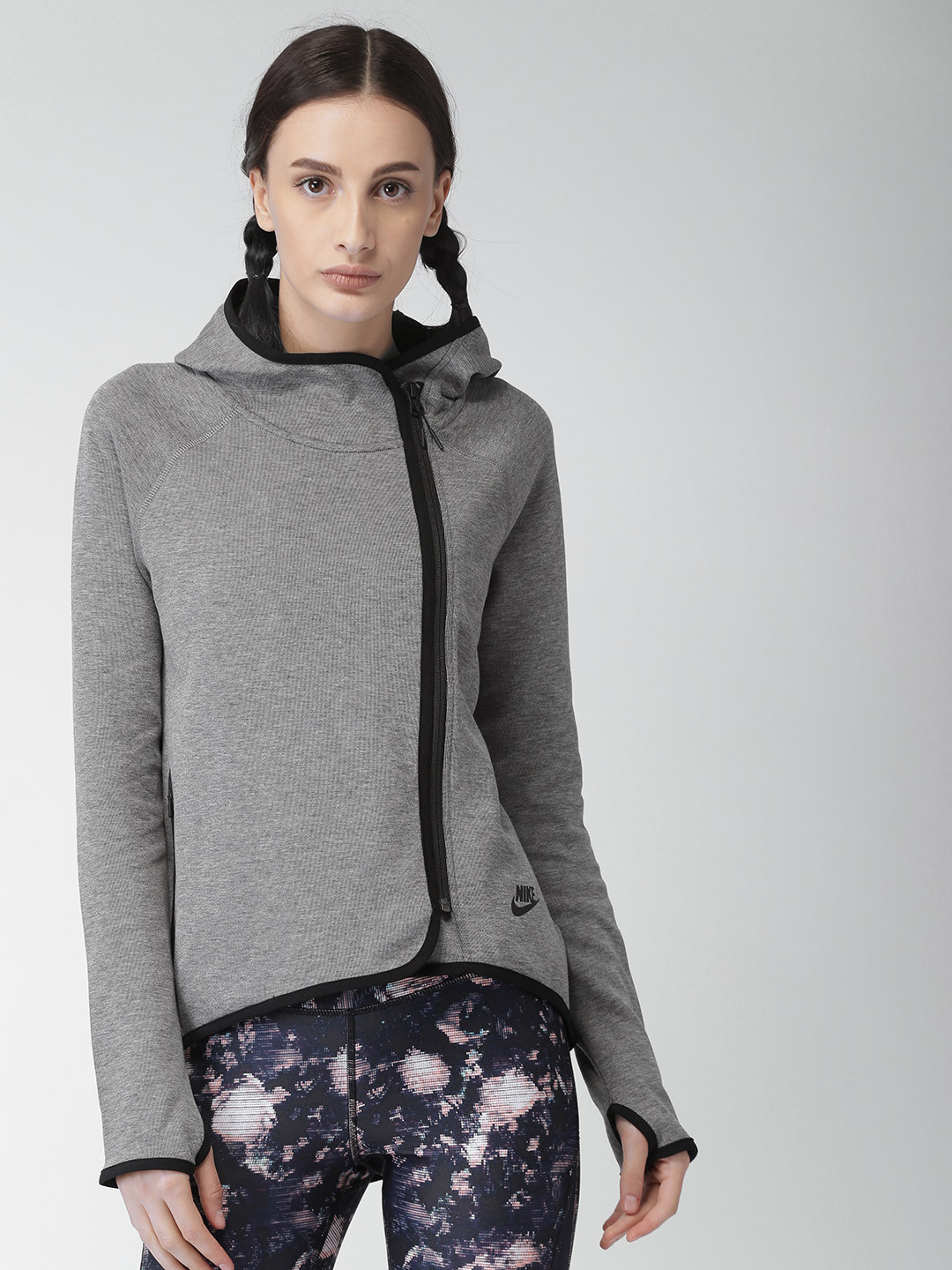 Buy Nike Women Grey Solid Hooded Jacket Jackets for Women 2187588