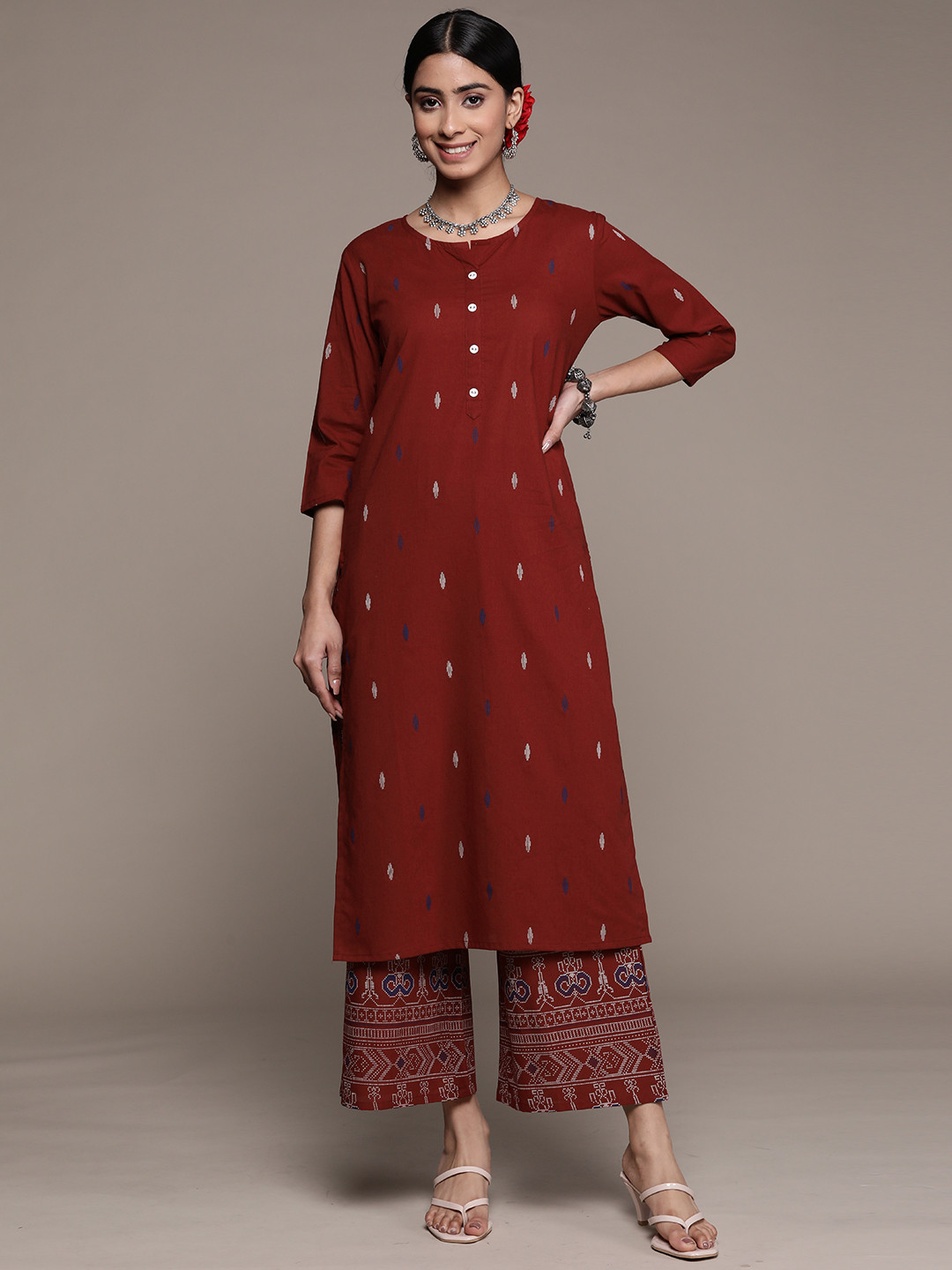 ANUBHUTEE Women's Cotton Printed Kurta Set With Palazzos & Dupatta - Ethnic Motifs, Pink, Medium - View #4